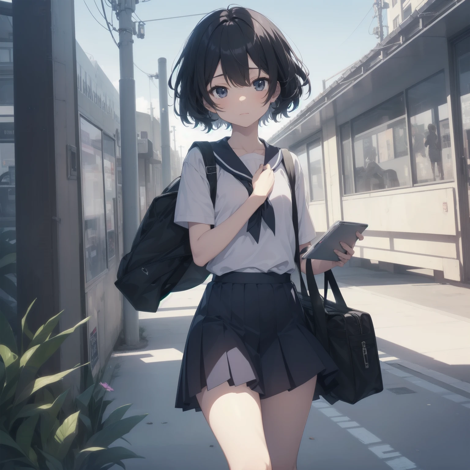 ultra-absurdres-Top quality by artist God, ultra-detailed, high resolution, anime moe artstyle, best anime 8k konachan wallpaper, pixiv contest winner, pool:2810, perfect ???????,break, 1girl, (Please draw a girl walking sleepily to school alone. )break,(Solo,little female, 13-year-old:1.3),Full limbs, complete fingers,a junior high school student, (very short hair), short cut, flat chest, , small butt, small black eyes, beautiful detailed eyes, well-proportioned iris and pupils, expressive eyes, highres detailed hair, soft expression, salor school_uniform, sailor collar, serahuku, bow, pleated skirt,(Detailed Lighting), (Detailed background), in the School commute route. break,super detailed skin, Best cinematic lighting powered by famous artist, 8k,beauty illustration,photoshop_(medium),very aesthetic,break,((artist:zen_(kamuro) )), artist:clamp ,artist:carnelian ,artist:kantoku ,

