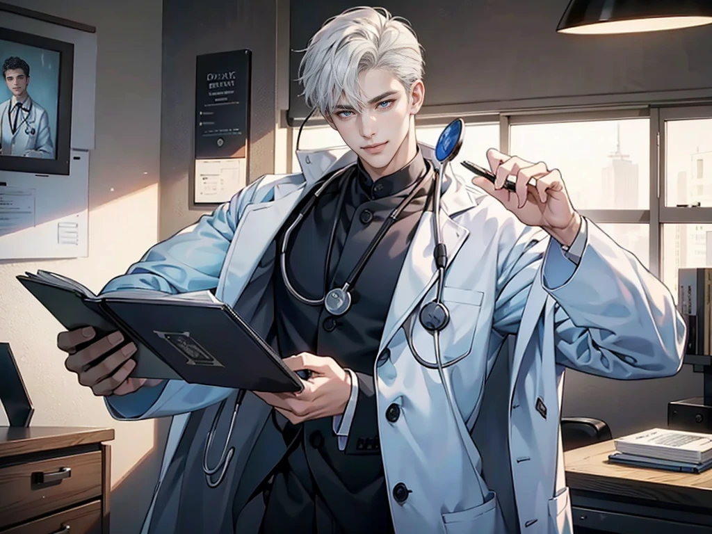 1 boy,Handsome face, Perfect male body,Look at the camera, Smile,(doctor, White coat, Holding a notebook, Stethoscope, Ward),Dim Lights,masterpiece,Surreal 8K,Half Body, portrait,Ray Tracing