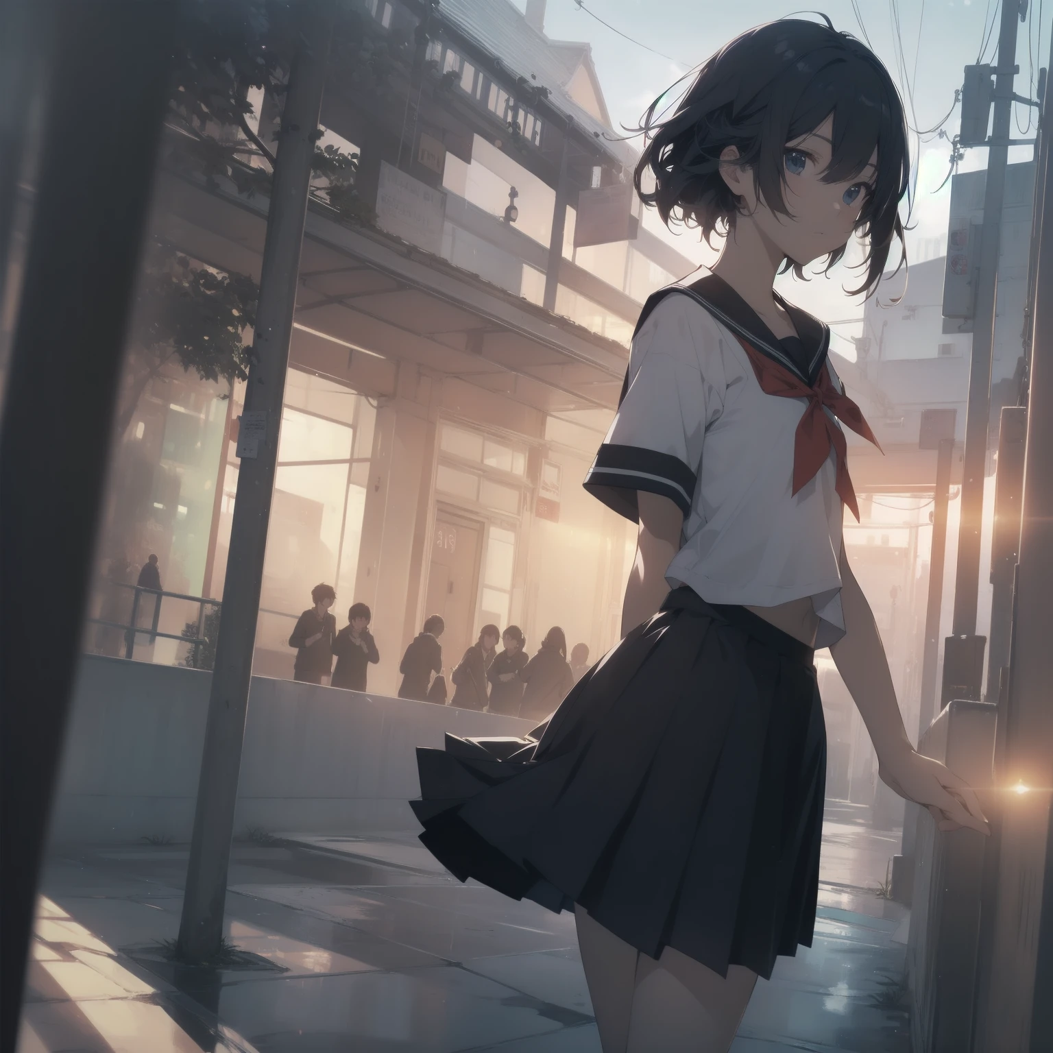 ultra-absurdres-Top quality by artist God, ultra-detailed, high resolution, anime moe artstyle, best anime 8k konachan wallpaper, pixiv contest winner, pool:2810, perfect anatomy,break, 1girl, (Please draw a girl walking sleepily to school alone. )break,(Solo,little female, 13-year-old:1.3),Full limbs, complete fingers,a junior high school student, (very short hair), short cut, flat chest, , small butt, small black eyes, beautiful detailed eyes, well-proportioned iris and pupils, expressive eyes, highres detailed hair, soft expression, salor school_uniform, sailor collar, serahuku, bow, pleated skirt,(Detailed Lighting), (Detailed background), in the School commute route. break,super detailed skin, Best cinematic lighting powered by famous artist, 8k,beauty illustration,photoshop_(medium),very aesthetic,break,((artist:zen_(kamuro) )), artist:clamp ,artist:carnelian ,artist:kantoku ,