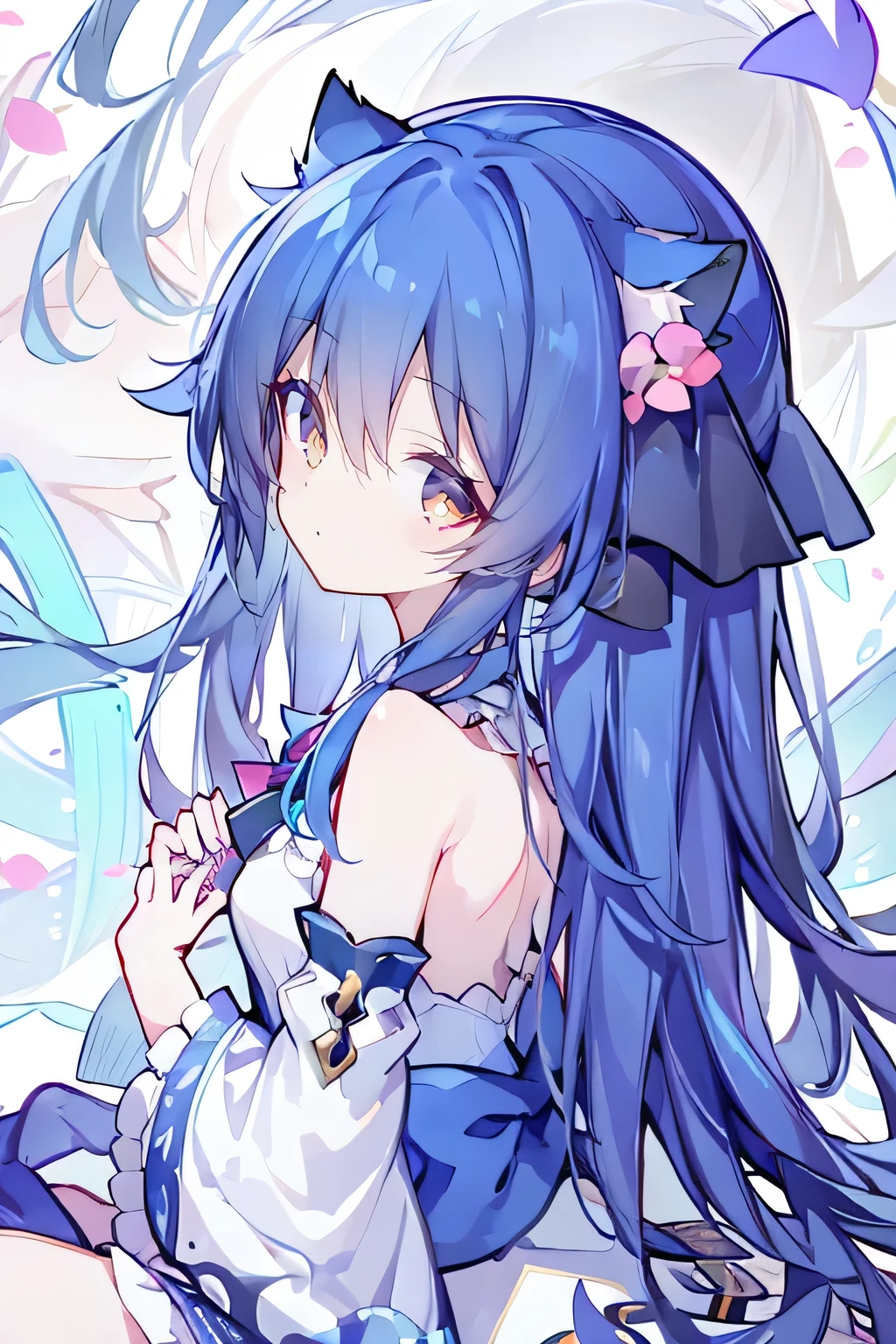 （masterpiece：1.2），Super detailed，lifelike，Expressive eyes，fair skin，perfect face shape，1 girl，
Japanese comics,Gorgeous blue hair,flowing blue hair,flowing clothes,Cat ears,Petals fall,beautiful lola,Baby Angel,
Shaking head with one hand，Cross your legs，，The pavilion is cool and comfortable,smile,back views,sunrise,Petals fall,sunrise