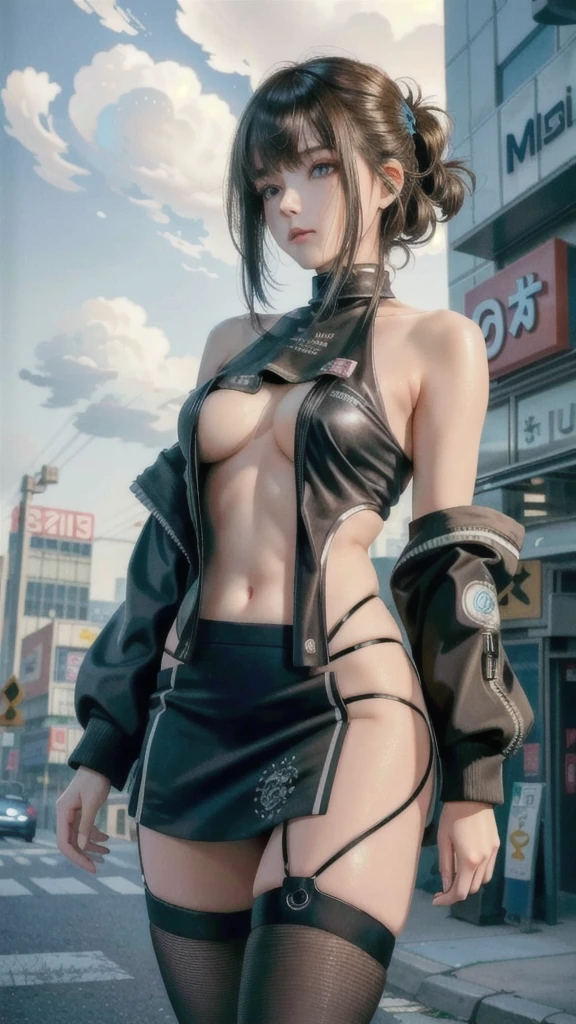 hyper realistic, masterpiece, very detailed, sci-fi, dystopian, (beautiful eyes ), (bangs), brunette, Woman,  detailed face, detailed skin, baggy clothes, thigh high socks, skirt,  cyberpunk, soft light, subsurface scattering,((skyline)), cumulonimbus clouds, busy street, polluted, dust,