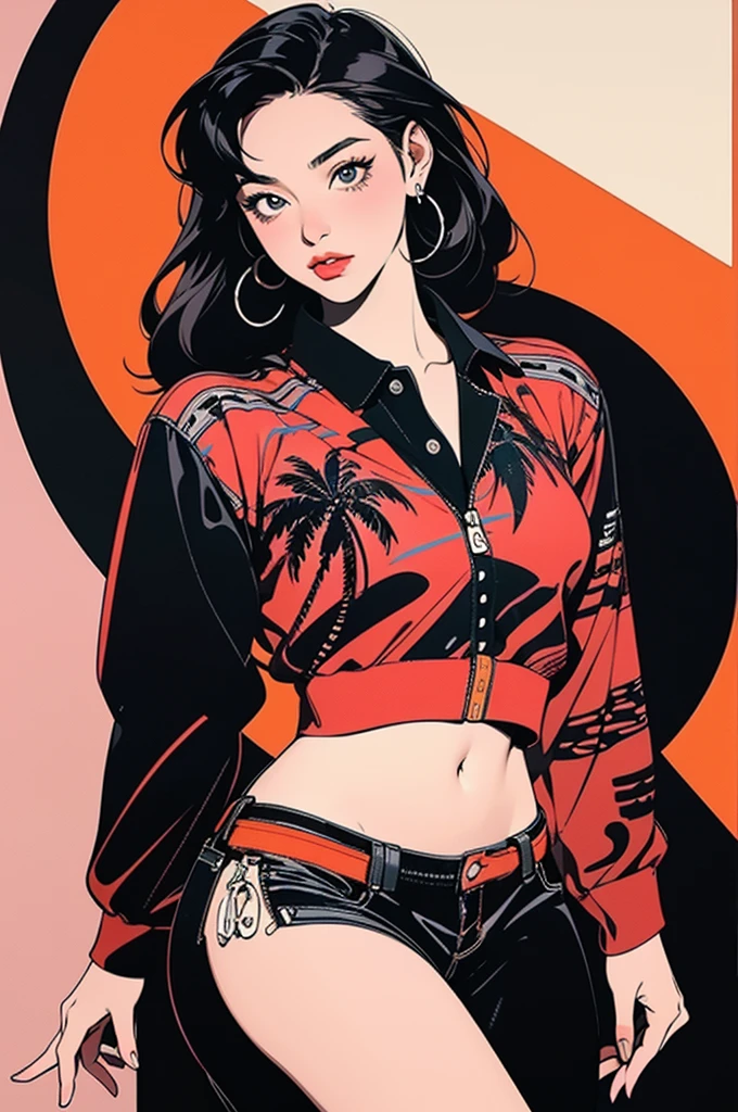 retro girl, Miami, sunset, Ferrari, palm tree, 90's, (flat colors, flat texture, lineart:1.2), graphical design, (heavy ink, ink blacks), nude, pussy, pubic hair