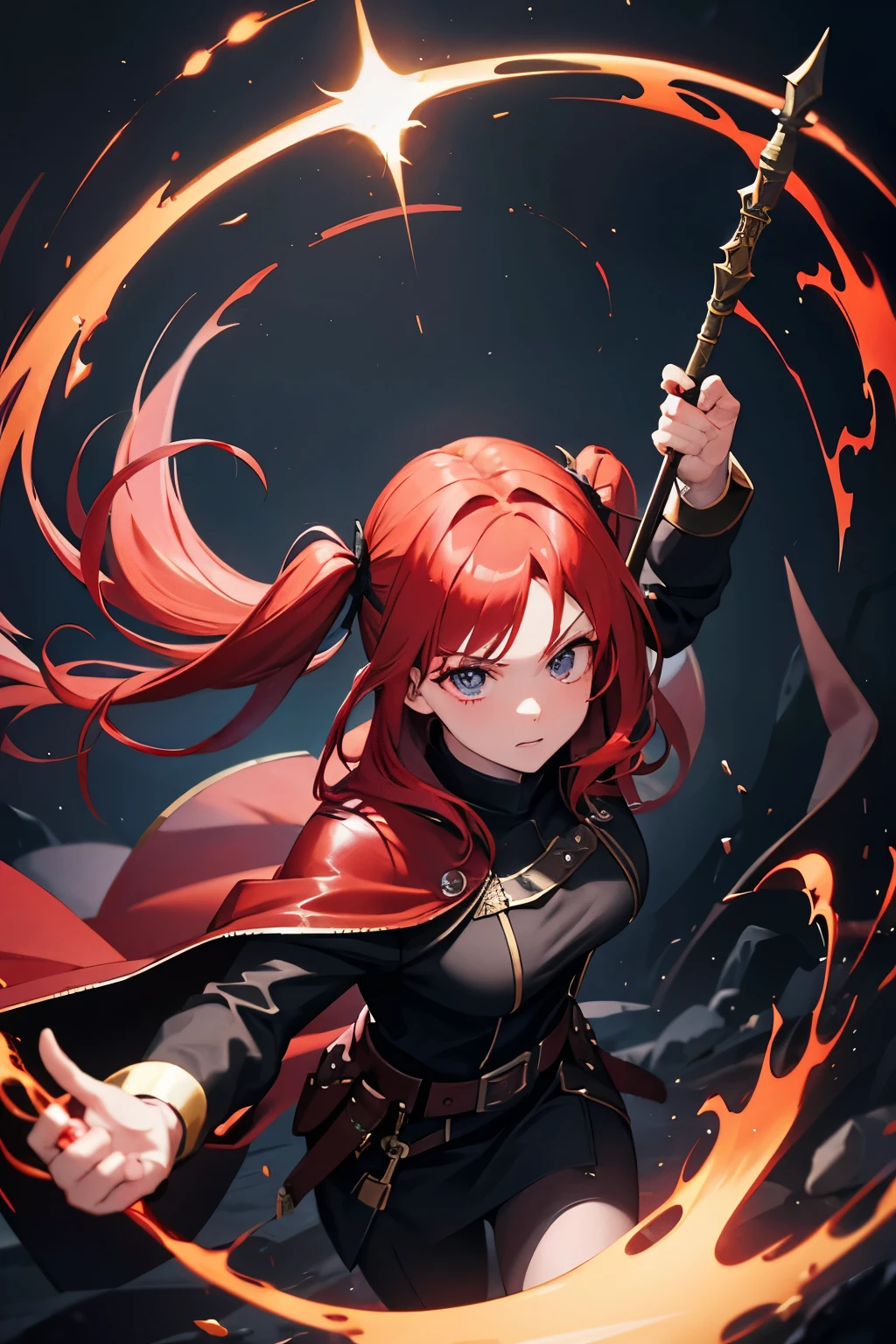 red hair in pig tails, mage, dark aura, glowing effects, cinematic, dark clothes, determined face, 1 girl, magic attack, striking hero pose from above, masterpiece, age 20, mystical being, holding a staff in right hand, long black leather jacket, fantasy world background.