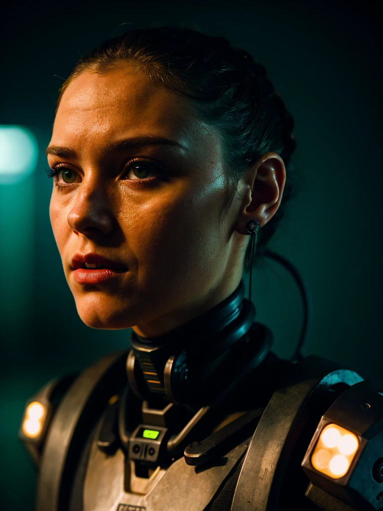 cyberpunk photo, realistic portrait, female cyborg, robotic face, half-human, robotic body, rusty body, old exoskeleton, simple black background, darkness, depth of field , bokeh, neon lights, dull colors, muted colors, low light, film grain, analogue photography.