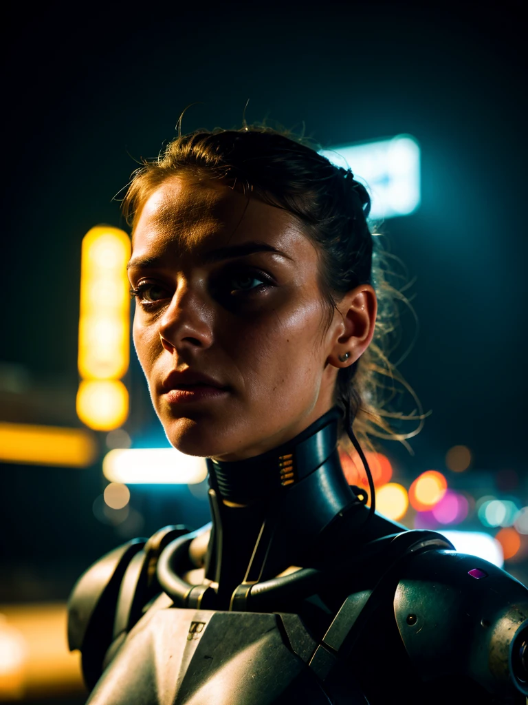 cyberpunk photo, realistic portrait, female cyborg, robotic face, half-human, robotic body, rusty body, old exoskeleton, simple black background, darkness, depth of field  , bokeh, neon lights, dull colors, muted colors, low light, film grain, analogue photography.