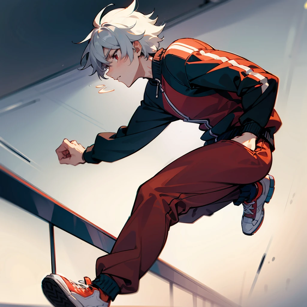 1male, White Hair, Blue Tracksuit, Shaggy Hair, Red Sneakers, Athletic Wear, Red Eyes, Calm Expression, Muscular, Perfect Generation, Adult Male, City, Running on a Track