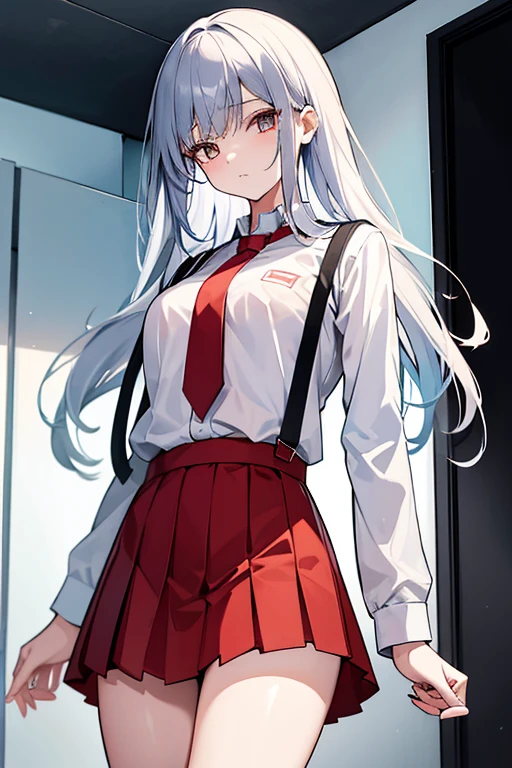 Yuki is a 19-year-old human living alone in a costly apartment complex. She has long, straight white hair with hints of light blue at the tips, cascading down her back. Her eyes are a captivating blue-gray color.
School Uniform:
A short-sleeved white blazer with red accents on the sleeves,A red skirt with a white stripe along the bottom,A red tie,Black Suspenders,White socks with two red stripes at the top,Black shoes