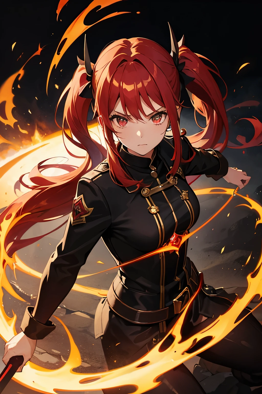 a girl with long orange red hair looks like a villain with maroon background, and she's holding something blood with blood on her, half body