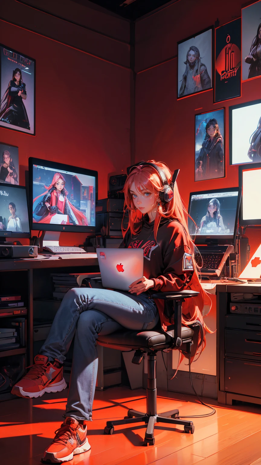 a highly detailed realistic picture, the character is a lady with long hair and goatee wearing headphones sitting in front of her red macbook pro on top of desk full of monitors , she wears streetwear and wide leg jeans and big sneakers, there s lots of colorful pop culture posters on wall behind her, cinematic lighting, dark room, red tones, laptop in lap