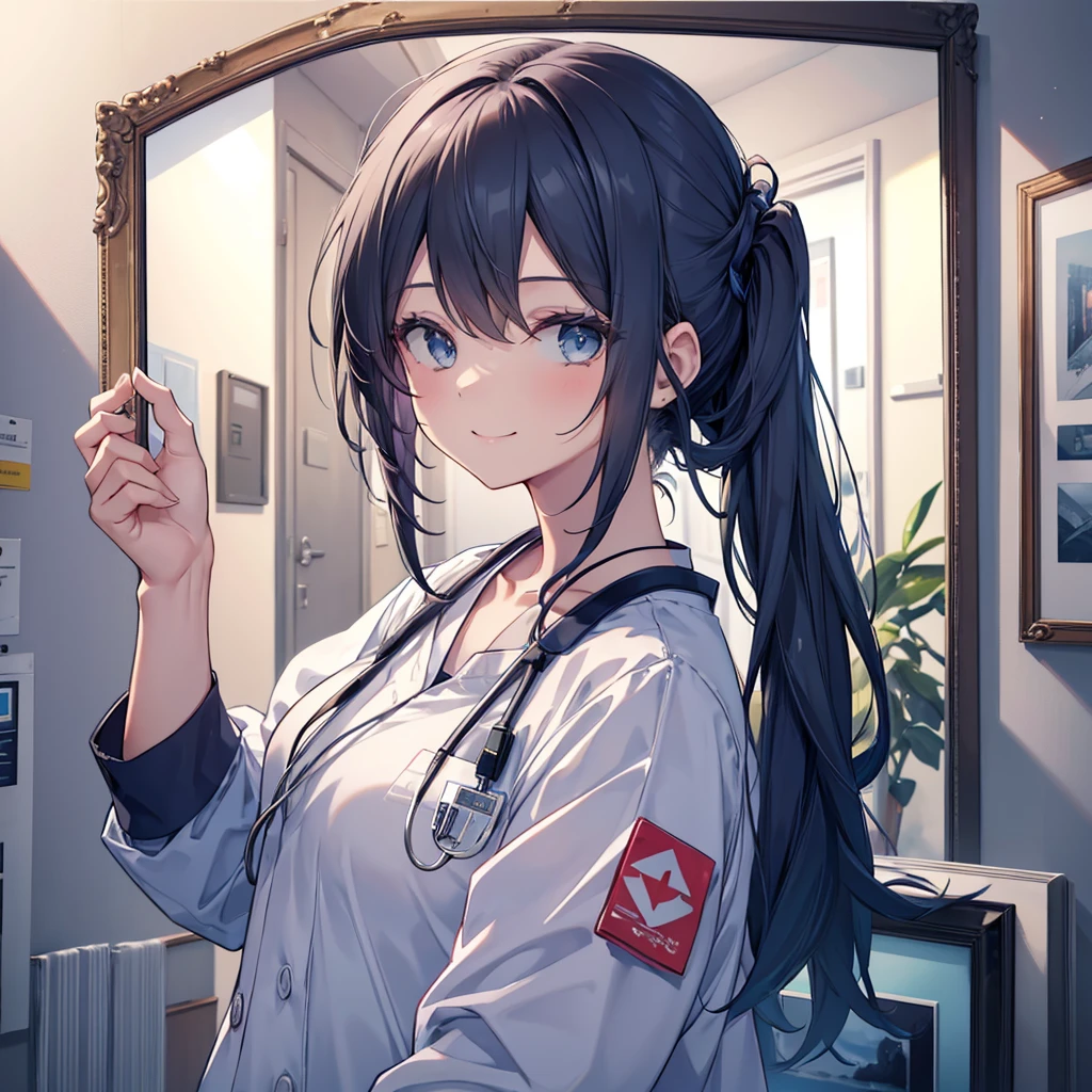 nursing aide,one girl,solo,blue or white scrubs,not wearing a hat or cap, frame it up to the top of the head, The top of my head doesn't come out of the frame,Facing forward,smile