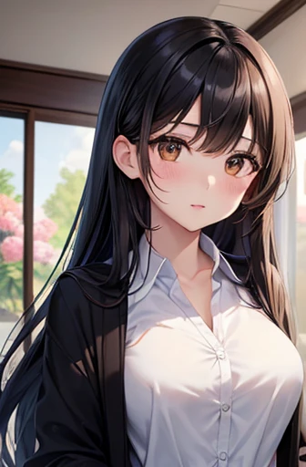 ((Highest quality)),(超High resolution),(Very detailed),(Detailed Description),((The best CG)),(a masterpiece of art),Ultra-detailed art,Amazing painting art,(Art with precise detail:1.5), Portraiture:1.6,Bust Shot:1.4,(1 female:1.5),Beautiful and well-proportioned face:1.5、 Japanese、girl,thin、Small face、Brown eyes、expensive、 High resolution,Black Hair、Long Hair、classroom、White blouse、(Black cardigan:1.2)、17 years old、Are standing、mature,Big Breasts