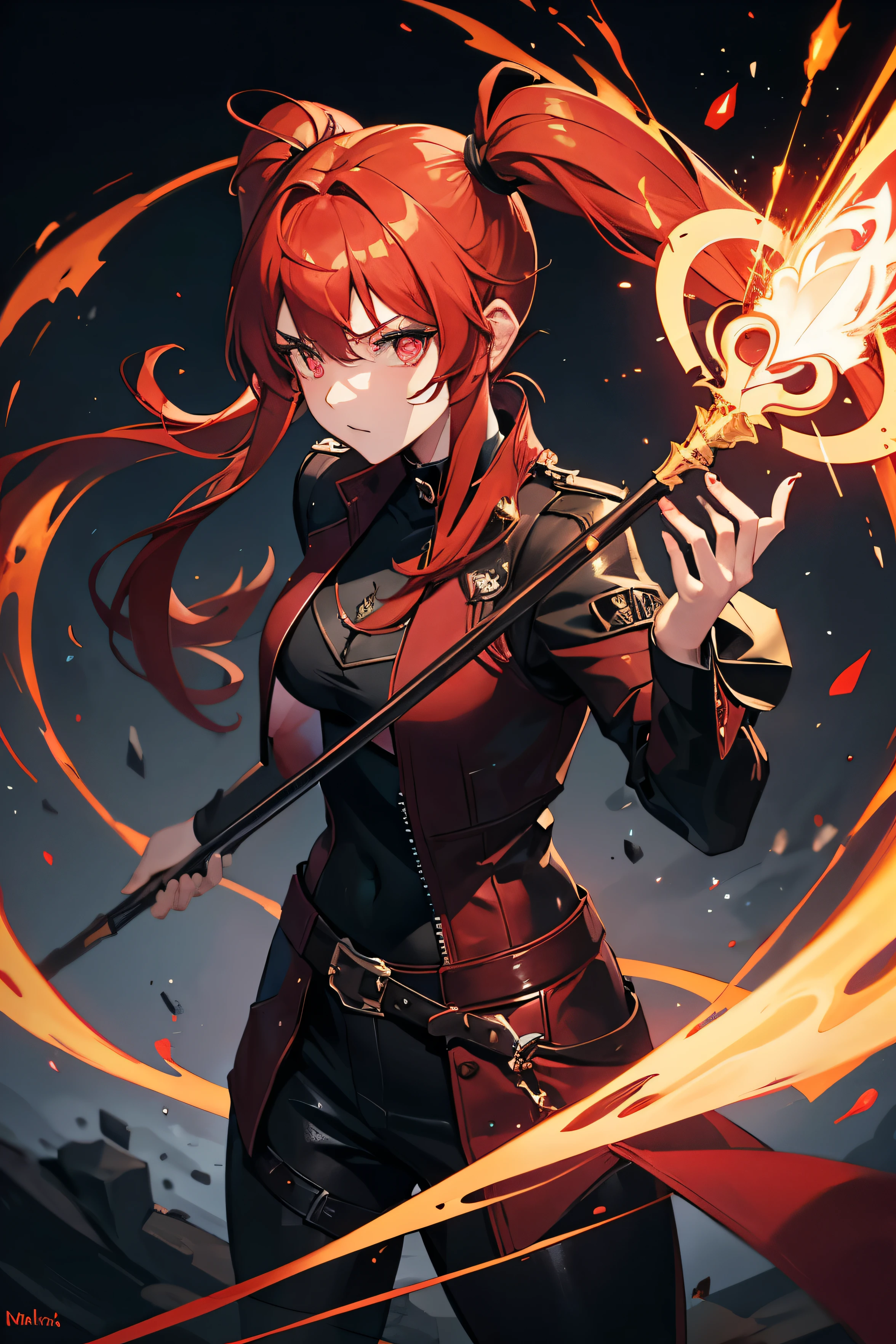 red hair in pig tails, mage, dark aura, glowing effects, cinematic, dark clothes, determined face, 1 girl, magic attack, striking hero pose from above, masterpiece, age 20, mystical being, holding a staff in right hand, long black leather jacket, fantasy world background.
