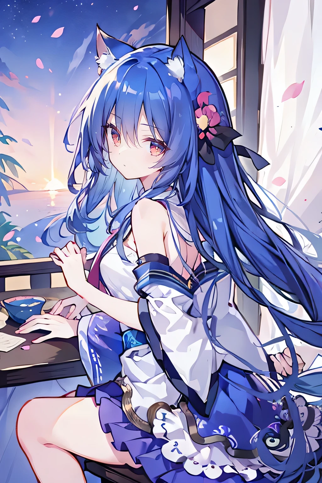 (masterpiece:1.2),Super detailed,lifelike,Expressive eyes,fair skin,perfect face shape,1 girl,
Japanese comics,Gorgeous blue hair,flowing blue hair,flowing clothes,Cat ears,Petals fall,beautiful lola,Baby Angel,
Shaking head with one hand,Cross your legs,,The pavilion is cool and comfortable,smile,back views,sunrise,Petals fall,sunrise