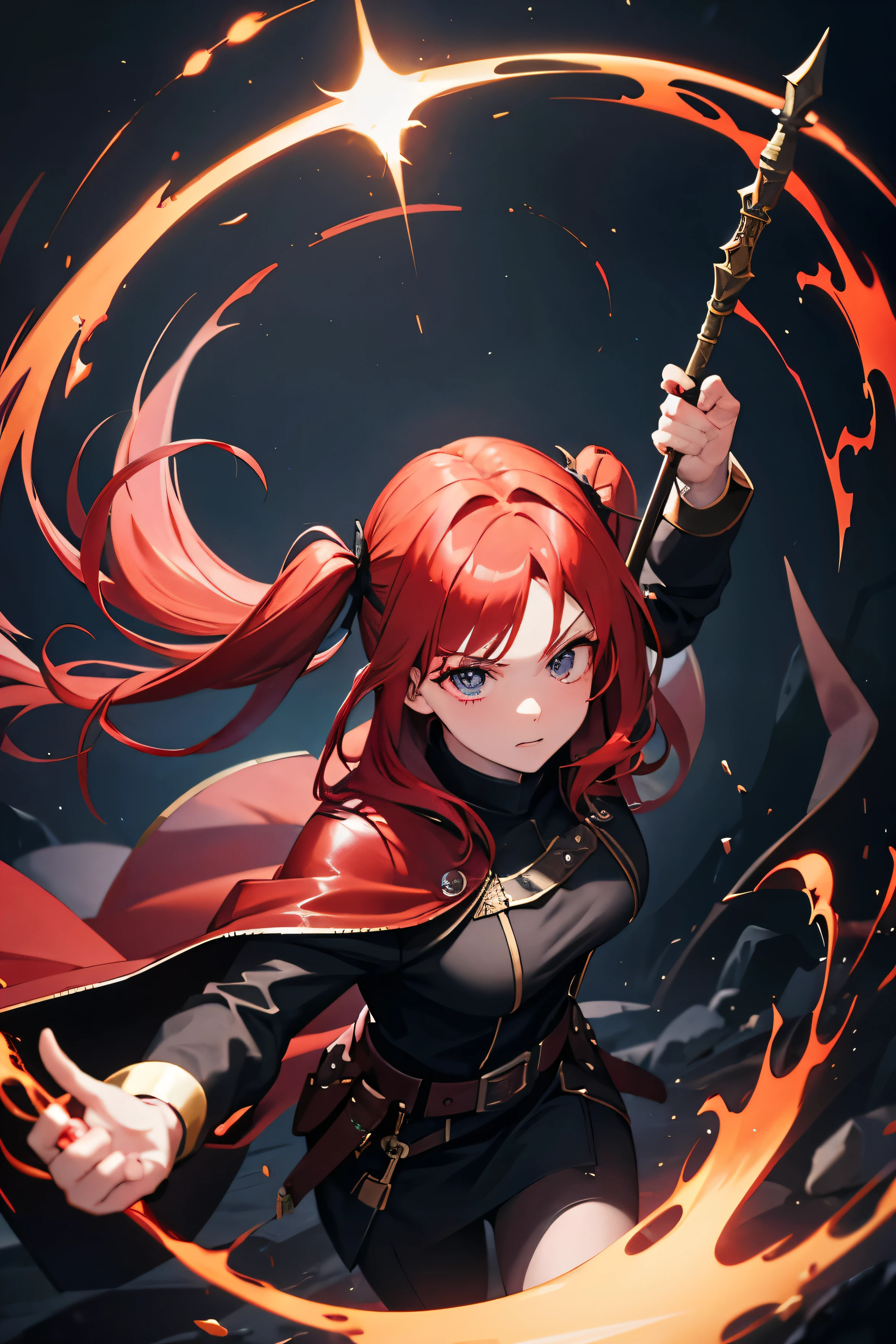 red hair in pig tails, mage, dark aura, glowing effects, cinematic, dark clothes, determined face, 1 girl, magic attack, striking hero pose from above, masterpiece, age 20, mystical being, holding a staff in right hand, long black leather jacket, fantasy world background.