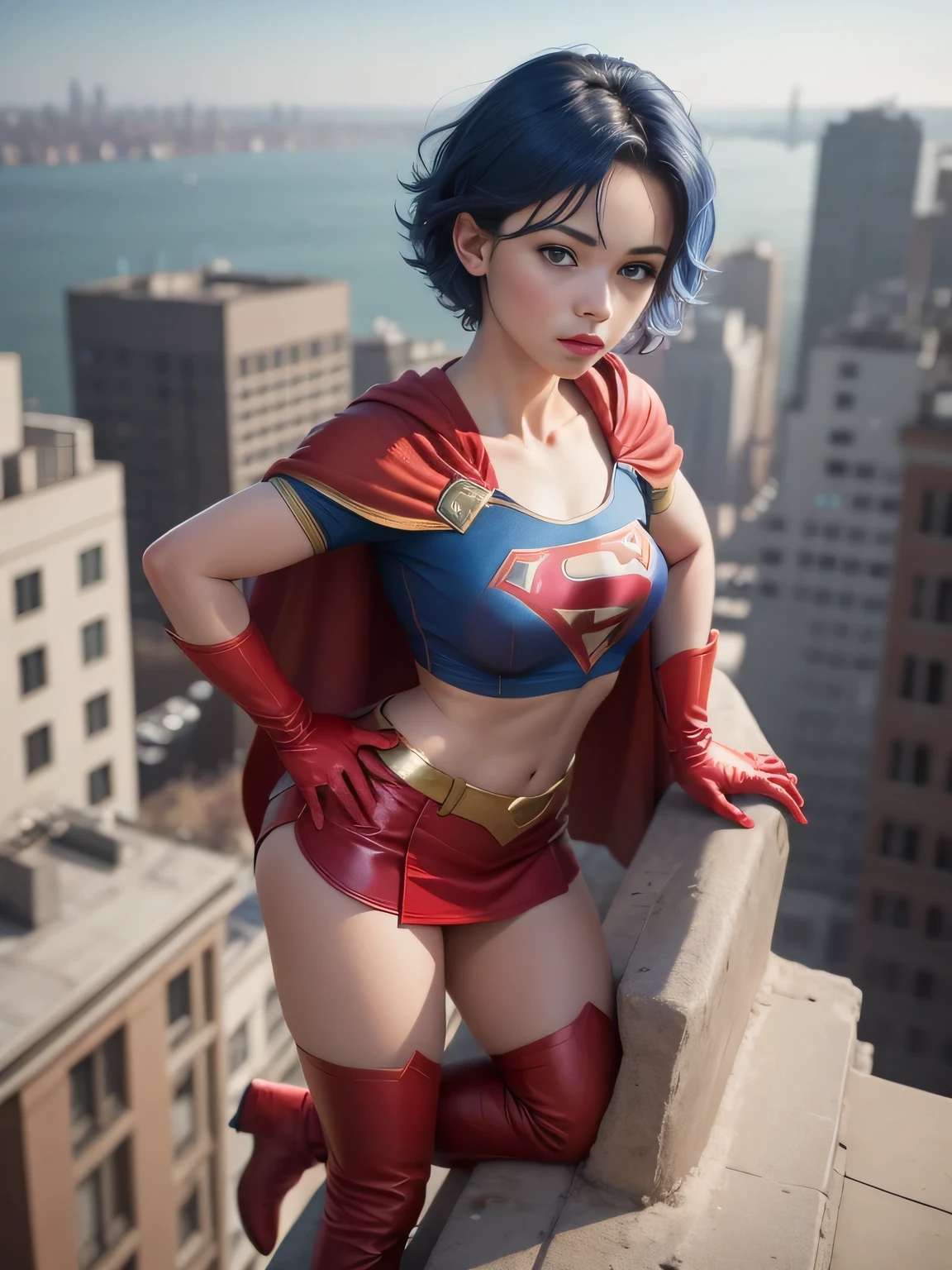 sexy Supergirl short blue hair and blue eyes, blue croptop, short sleeves, red cape, red pencil skirt, red boots, red gloves, outdoor, on top of a building, view of the city