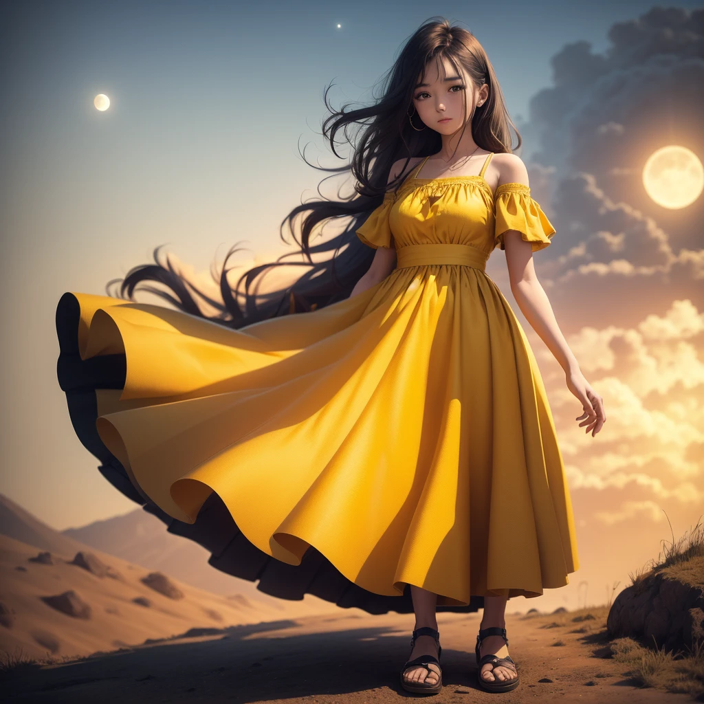 1 A young woman stands on a hill in a yellow dress and the moon shines behind her