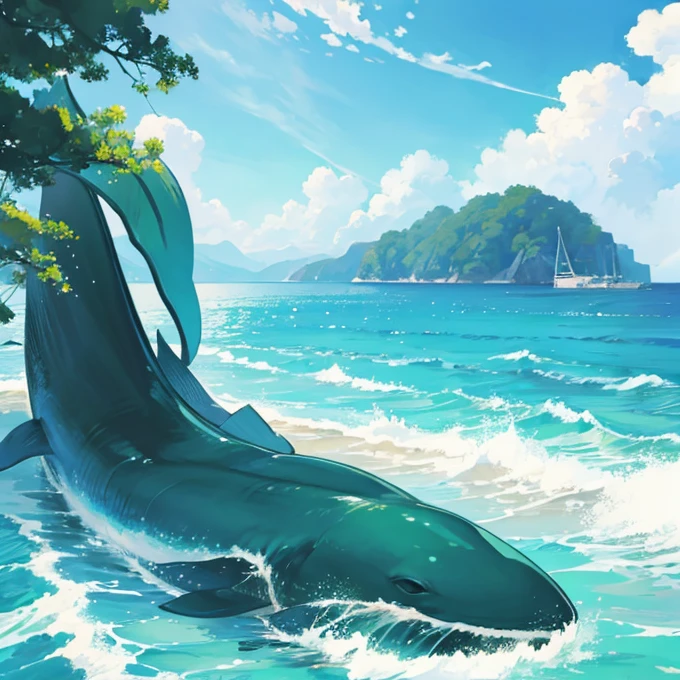 Green Whale、No people, big eyes, sea、cool