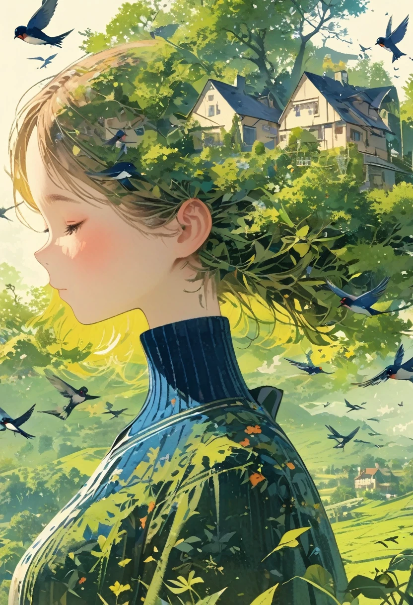 ((Long Shot:1.8)), (masterpiece, Highest quality:1.2), (planar vector:1.3)，Art Concept Art，Minimalist Style，Simple，1 girl，House with blue accents overhead、Hair decorated with natural and house elements，Flying birds，Surrounded by birds，swallow、Fantasy illustration of trees and hills