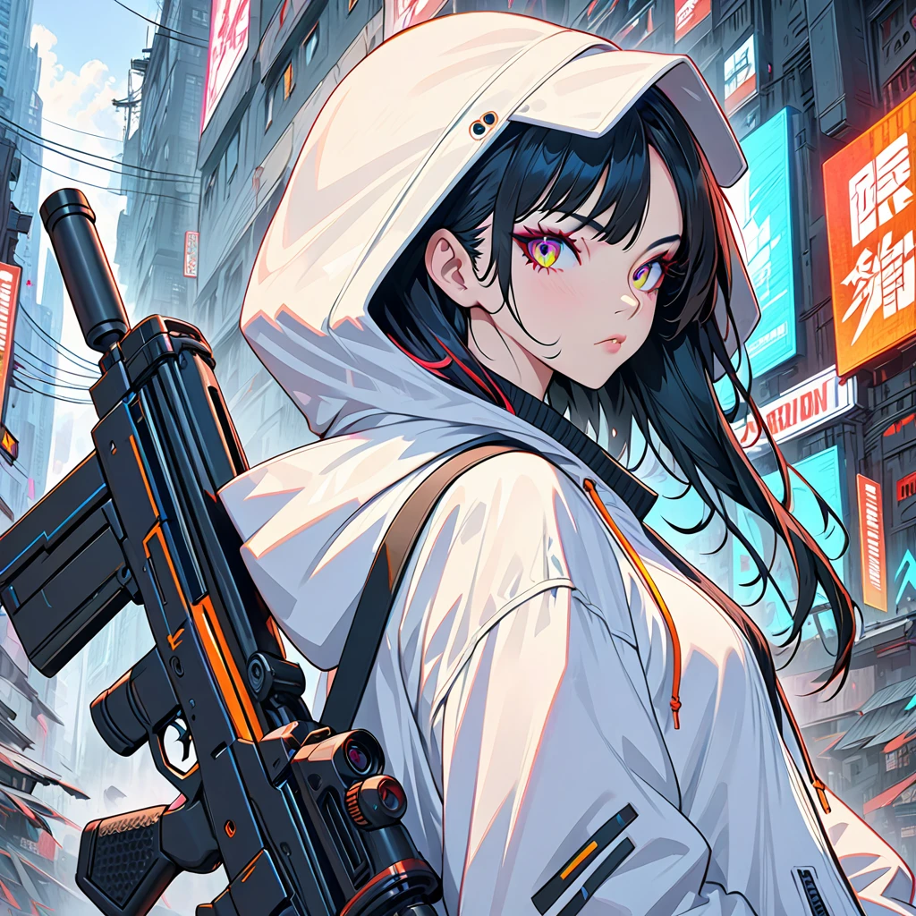 a close up of a person with a gun and a hood on, cyberpunk art, trending on Artstation, neoism, cyberpunk assassin, cyberpunk anime girl in hoodie, female assassin, mechanized soldier girl, cyberpunk anime girl mech, of a sniper girl in war, anime cyberpunk art, cyberpunk character design