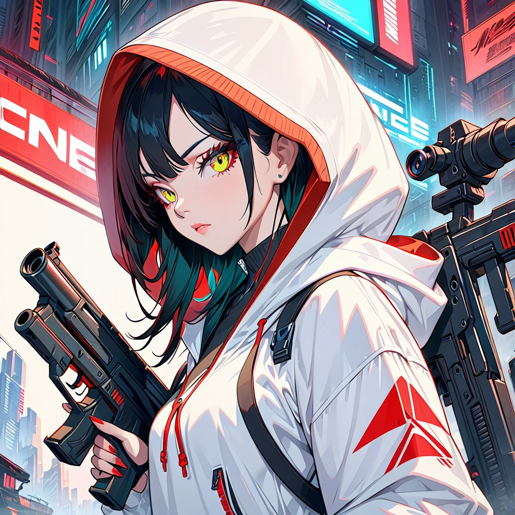 a close up of a person with a gun and a hood on, cyberpunk art, trending on Artstation, neoism, cyberpunk assassin, cyberpunk anime girl in hoodie, female assassin, mechanized soldier girl, cyberpunk anime girl mech, of a sniper girl in war, anime cyberpunk art, cyberpunk character design