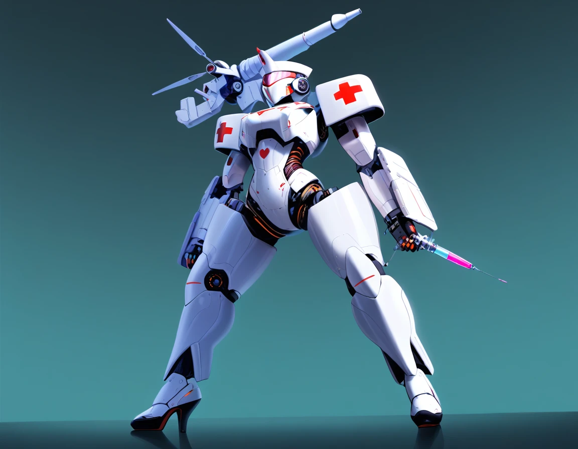 a picture of mech nurse in a futuristic hospital, exquisite beautiful nurse,  dynamic hair style, ((full body shot: 1.5)), ((anatomically correct: 1.5)), (ultra detailed face: 1.2), best detailed face, wearing white nurse robes, white pants, white high heels, delicate mechanical parts, (she holds a syringe: 1.3), cyberpunk hospital background, vibrant, Hyperrealism style, vibrant, Ultra-high resolution, High Contrast, (masterpiece:1.5), highest quality, Best aesthetics), best details, best quality, highres, ultra wide angle, 16k, [ultra detailed], masterpiece, best quality, (extremely detailed) RAW, mecha