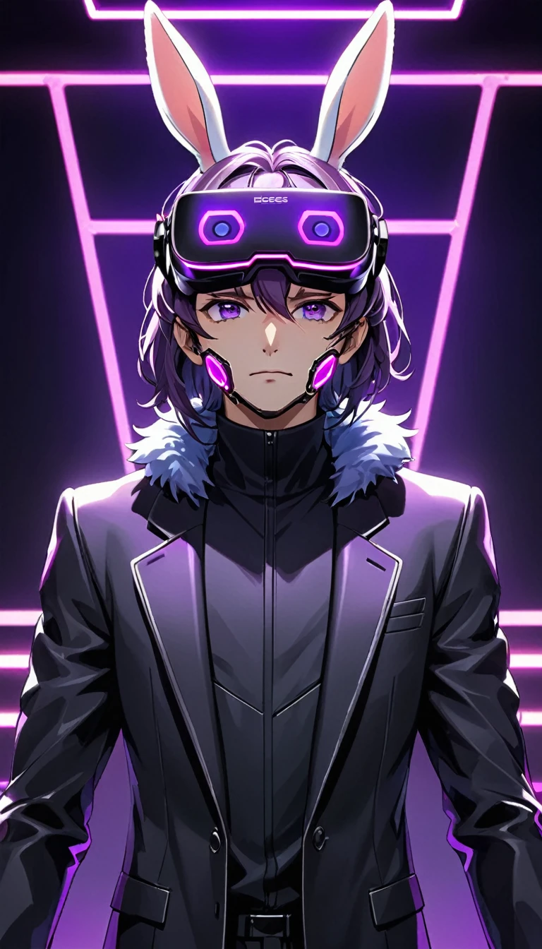 1 male rabbit, dark purple fur,There is a wound on the cheek.,Wear VR glasses ,Look at the viewer directly in front of you.,RGB color set,สวมชุดเกราะ Sci-fi robot tone neon ,Boss,Neon light on stage,speaking with determination,Clear picture, picture of only 1 person
