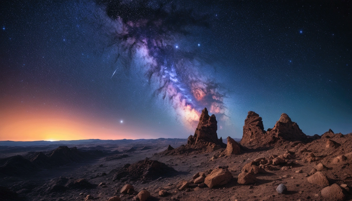 Main part、upscale、Excellent image quality、8K picture quality、Beautiful starry sky pictures、Gorgeous、Explorers on an irregular comet，Broken surface，Realistic photography，Award-winning best works