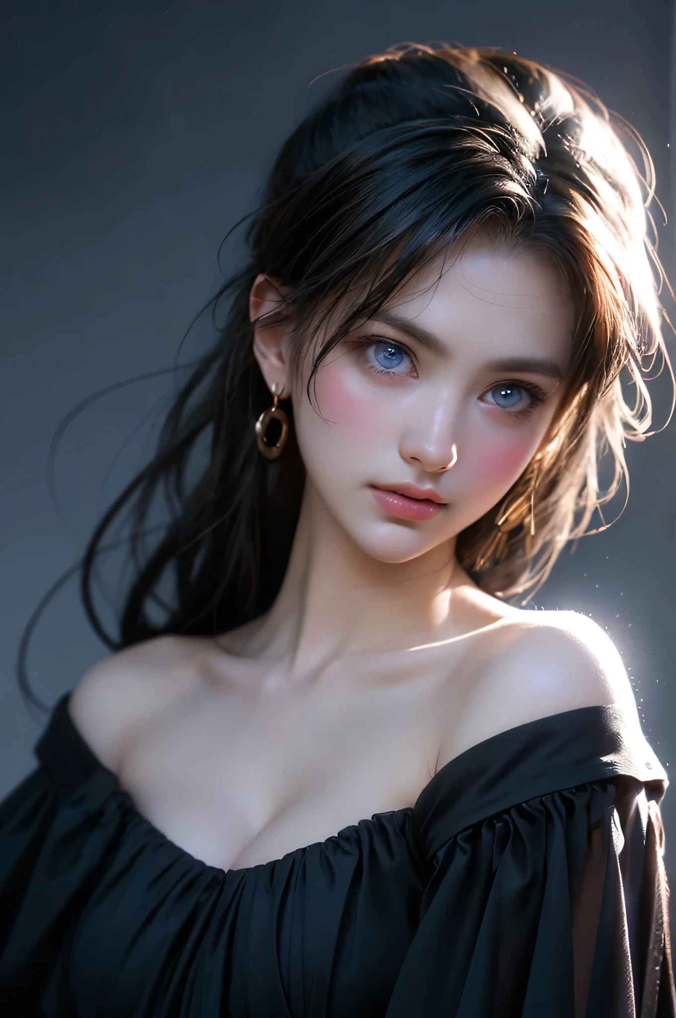 (Girl in a semi-transparent off-the-shoulder black dress)、、(フォトRealistic:1.4)、(ハイパーRealistic:1.4)、(Realistic:1.3)、(Smooth lighting:1.05)、(Improved Cinematic Lighting Quality:0.9)、.32K、1girl、20yo girl、Realistic lighting、Backlight、Face light、light、(Brightening Light:1.2)、(Improve image quality:1.4)、(Highest quality realistic skin texture:1.4)、Detailed drawn eyes、Detailed painted face、(Big Blue Eyes)、Close-up of face、A shirt that shows a large cleavage、(Enhances the body line:1.1)、(Beautiful textured skin:1.1)