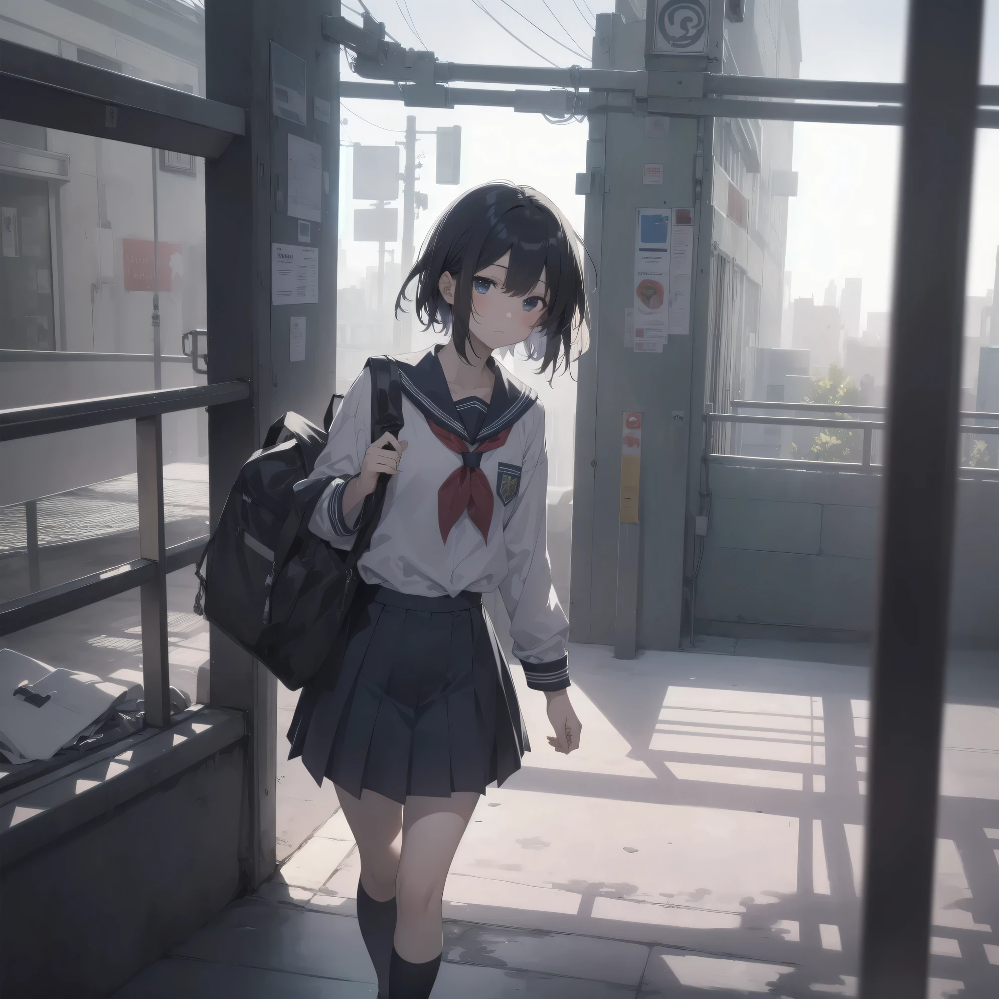 ultra-absurdres-Top quality by artist God, ultra-detailed, high resolution, anime moe artstyle, best anime 8k konachan wallpaper, pixiv contest winner, pool:2810, perfect anatomy,break, 1girl, (Please draw a girl walking sleepily to school alone. )break,(Solo,little female, 13-year-old:1.3),Full limbs, complete fingers,a junior high school student, (very short hair), short cut, flat chest, , small butt, small black eyes, beautiful detailed eyes, well-proportioned iris and pupils, expressive eyes, highres detailed hair, soft expression, salor school_uniform, sailor collar, serahuku, bow, pleated skirt,(Detailed Lighting), (Detailed background), in the School commute route. break,super detailed skin, Best cinematic lighting powered by famous artist, 8k,beauty illustration,photoshop_(medium),very aesthetic,break,((artist:zen_(kamuro) )), artist:clamp ,artist:carnelian ,artist:kantoku ,