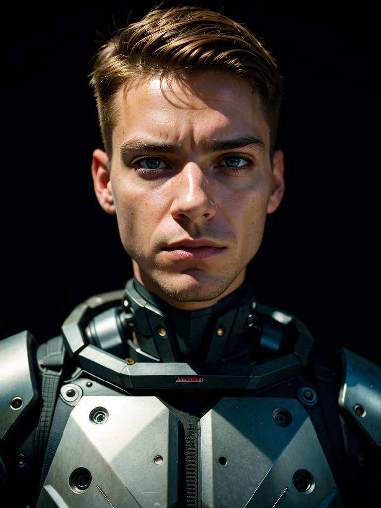 hyperrealism, photorealism, realism, masterpiece, best quality, perfect detail, perfect lighting, cyberpunk photo, realistic portrait, male cyborg, robotic face, half-human, robotic body, rusty body, old exoskeleton, simple black background, darkness, depth of field  , bokeh, neon lights, dull colors, muted colors, low light, film grain, analogue photography.