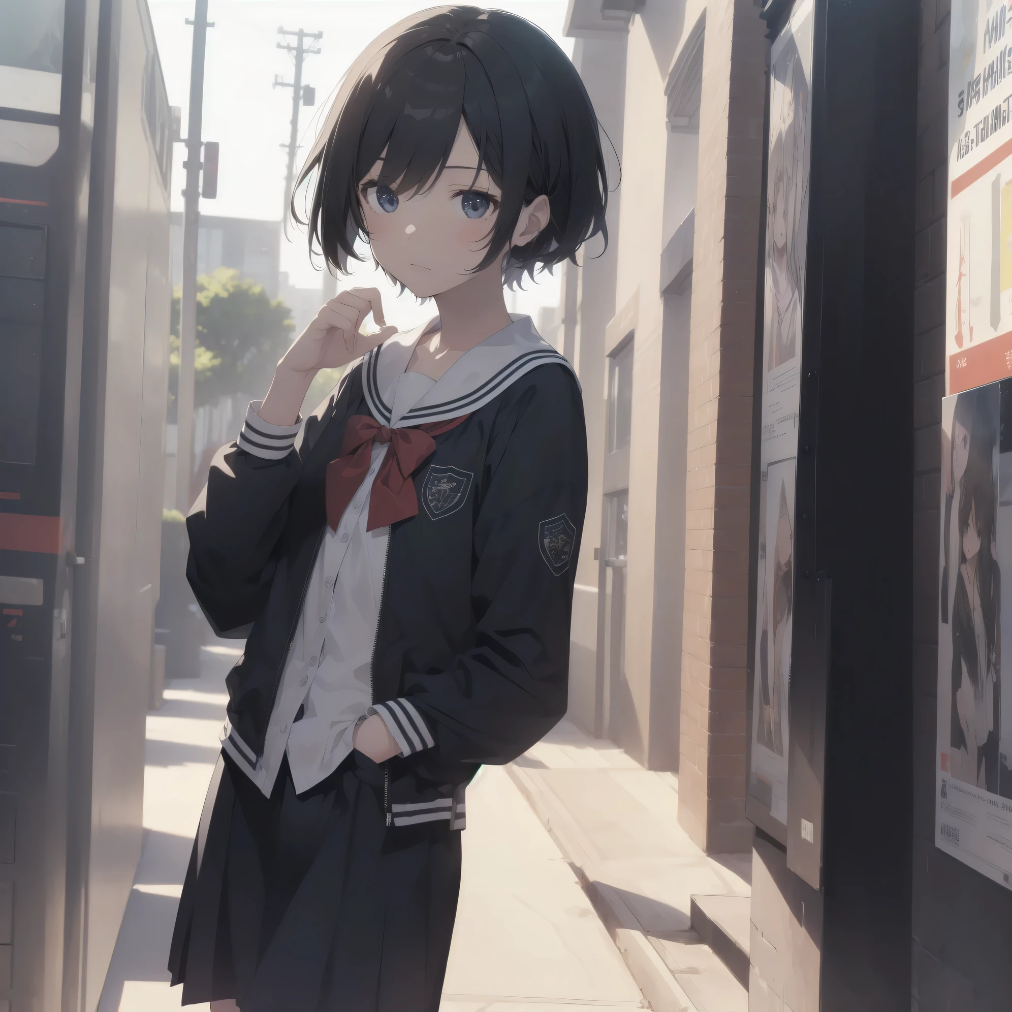 ultra-absurdres-Top quality by artist God, ultra-detailed, high resolution, anime moe artstyle, best anime 8k konachan wallpaper, pixiv contest winner, pool:2810, perfect anatomy,break, 1girl, (Please draw a girl walking sleepily to school alone. )break,(Solo,little female, 13-year-old:1.3),Full limbs, complete fingers,a junior high school student, (very short hair), short cut, flat chest, , small butt, small black eyes, beautiful detailed eyes, well-proportioned iris and pupils, expressive eyes, highres detailed hair, soft expression, salor school_uniform, sailor collar, serahuku, bow, pleated skirt,(Detailed Lighting), (Detailed background), in the School commute route. break,super detailed skin, Best cinematic lighting powered by famous artist, 8k,beauty illustration,photoshop_(medium),very aesthetic,break,((artist:zen_(kamuro) )), artist:clamp ,artist:carnelian ,artist:kantoku ,
