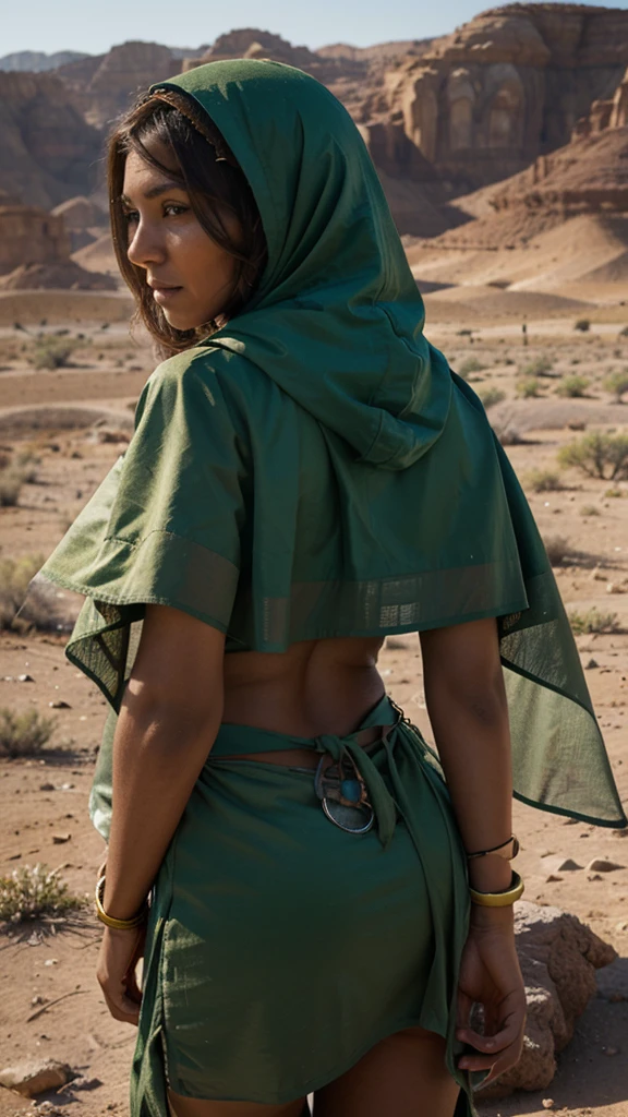 Double exposure photo blending the backs of a woman adorned in Bedouin apparel complete with hood, superimposed on both a desolate desert landscape characterised by its barrenness and a lush, green meadow brimming with vibrant wildflowers creating an intricate visual dichotomy, a piece acclaimed as a prize-winning photo in esteemed global photography contests, emphasizing intensity of contrasts, Marc Muench and Aaron Reed style,
