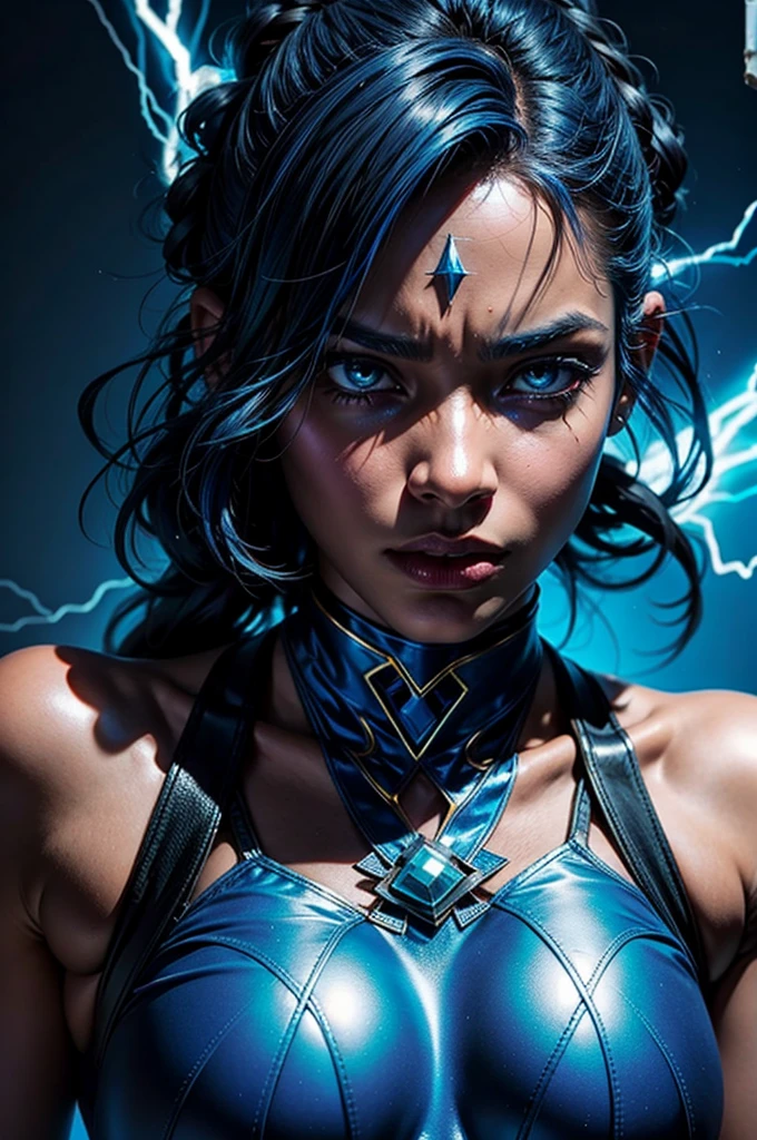 Close-up of a woman with a blue light on her face, crackling Black lighting, Blue Indigo Thunder Lightning, Human hybrid jinn, Black lighting, An epic anime of the power woman, You are a jinn, a hybrid demon woman, Blue lightning, Anger. Overly detailed, This character has cryokinesis, Sturdy metal album cover, crackling Blue lightning