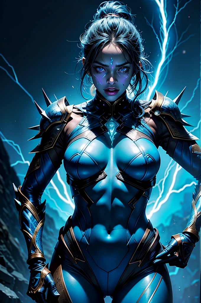  Close-up of a woman with a blue light on her face, crackling Black lighting, Blue Indigo Thunder Lightning, Human hybrid jinn, Black lighting, An epic anime of the power woman, You are a jinn, a hybrid demon woman, Blue lightning, Anger. Overly detailed, This character has cryokinesis, Sturdy metal album cover, crackling Blue lightning