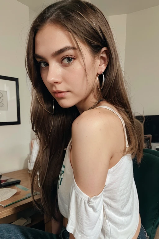 make me an image of a 6'2, 17 year old american transgirl. She had back length brown hair with bleached roots. Her face was round and soft, with thick eyebrows and full lips. Green eyes were framed by wispy eyelashes and delicate features. She often wore black skinny jeans with holes in the knees and a loose t-shirt that hung off her narrow frame. Silver hoop earrings dangled from her ears, matching the silver ring on her thumb. In a realistic style.