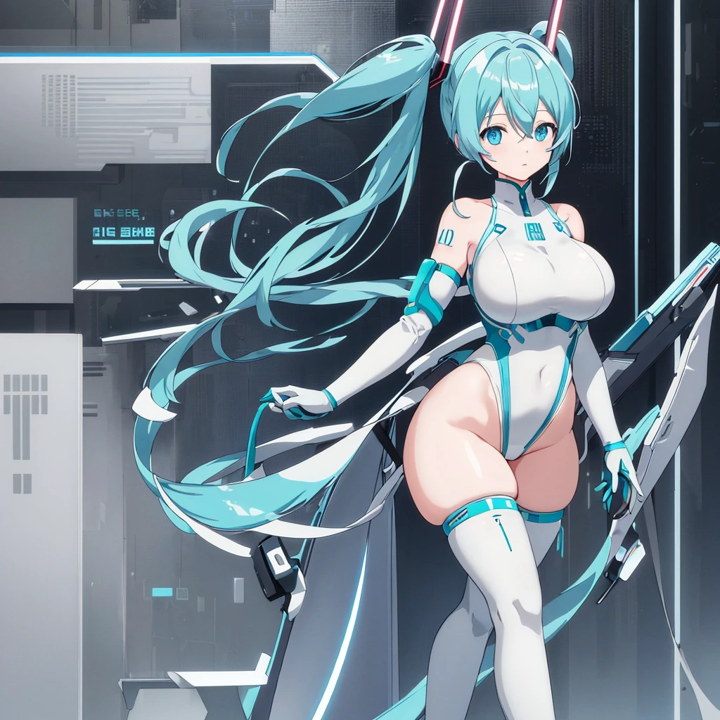 Alone、Hatsune Miku、Vocaloid, Twin tails, Bright Blue Eyes,Sexy white rubber stockings、Light blue hair, Pichi Pichi body suit, cyber punk, Ultimate Physical Beauty, Curvaceous、Beautiful Eyes,Tight waist,Big Ass、 (((Big Breasts))), 8k CG, (((Highest Resolution))), (((Highest quality))),