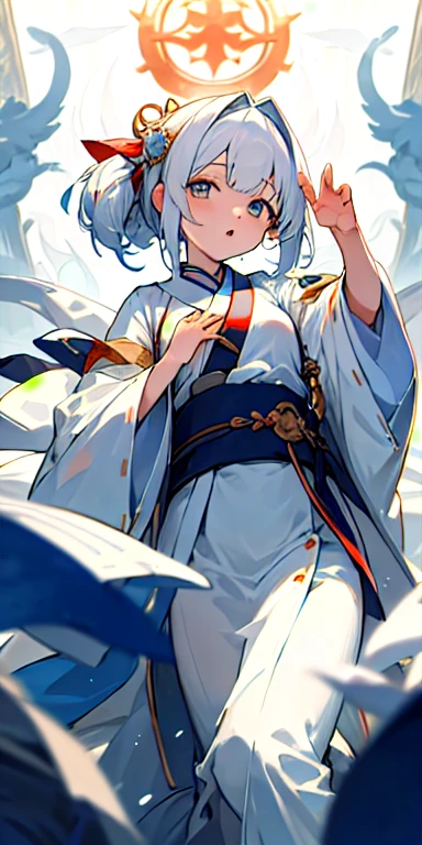 (masterpiece, Highest quality),魔法工房の作業机の前に座っている長いwhite髪の三つ編みの少女1人, She holds her hands up to her chest and chants a spell., Warm lighting, white、Ornately decorated robes, Blurred foreground
