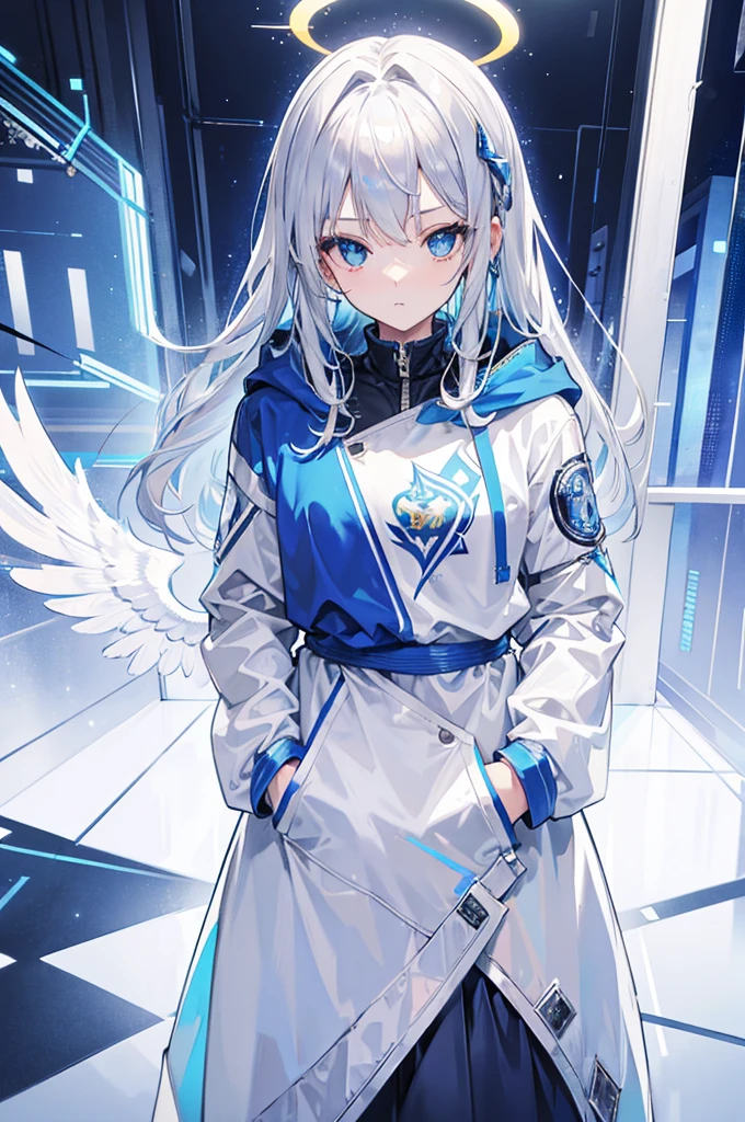 Put your hands in your pockets,Silver Hair,Blue Mesh,Blue eyes,White hoodie,Up to the waist,Golden angel halo,One Girl,masterpiece,Highest quality,View your viewers,cute