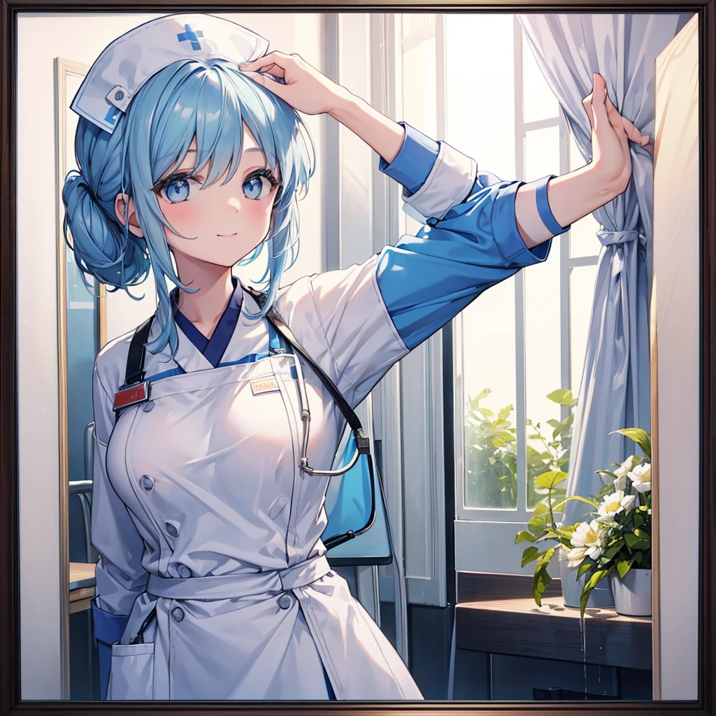 nursing aide,one girl,solo,blue or white scrubs,not wearing a hat or cap, frame it up to the top of the head, The top of my head doesn't come out of the frame,Facing forward,smile