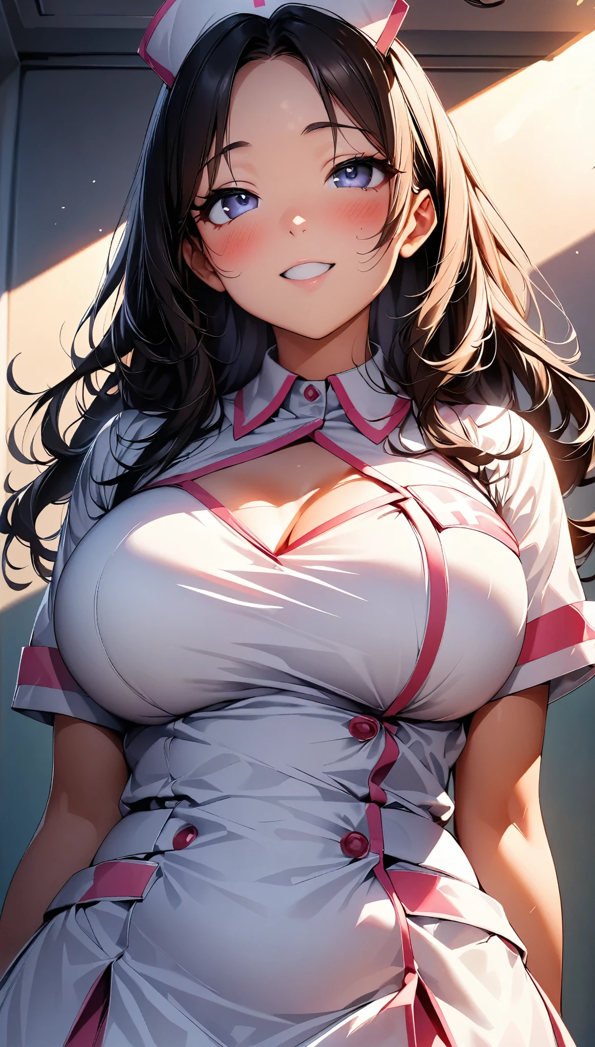 Sexy nurse, A curvaceous body, Obscene, Lust, Lustrous smile, Lustのナース, Nurse cap, incite inferiority, Obscene eyes, Lewd smile, Open your mouth, blush, Fatty face:1.2, Looking up, Beautiful nurse costume, White, Beautiful face details, Bust Shot, Pure white, Hospital room, Magnificent light effects, Dutch Angle, Focus on subtle facial details, (((Light and shadow with attention to detail, Soft Focus:1.4))), Background Blur, (Highest quality:1.2, Very detailed, Detailed illustration, High Detail, masterpiece:1.2, Best aesthetics), (((1 girl))).