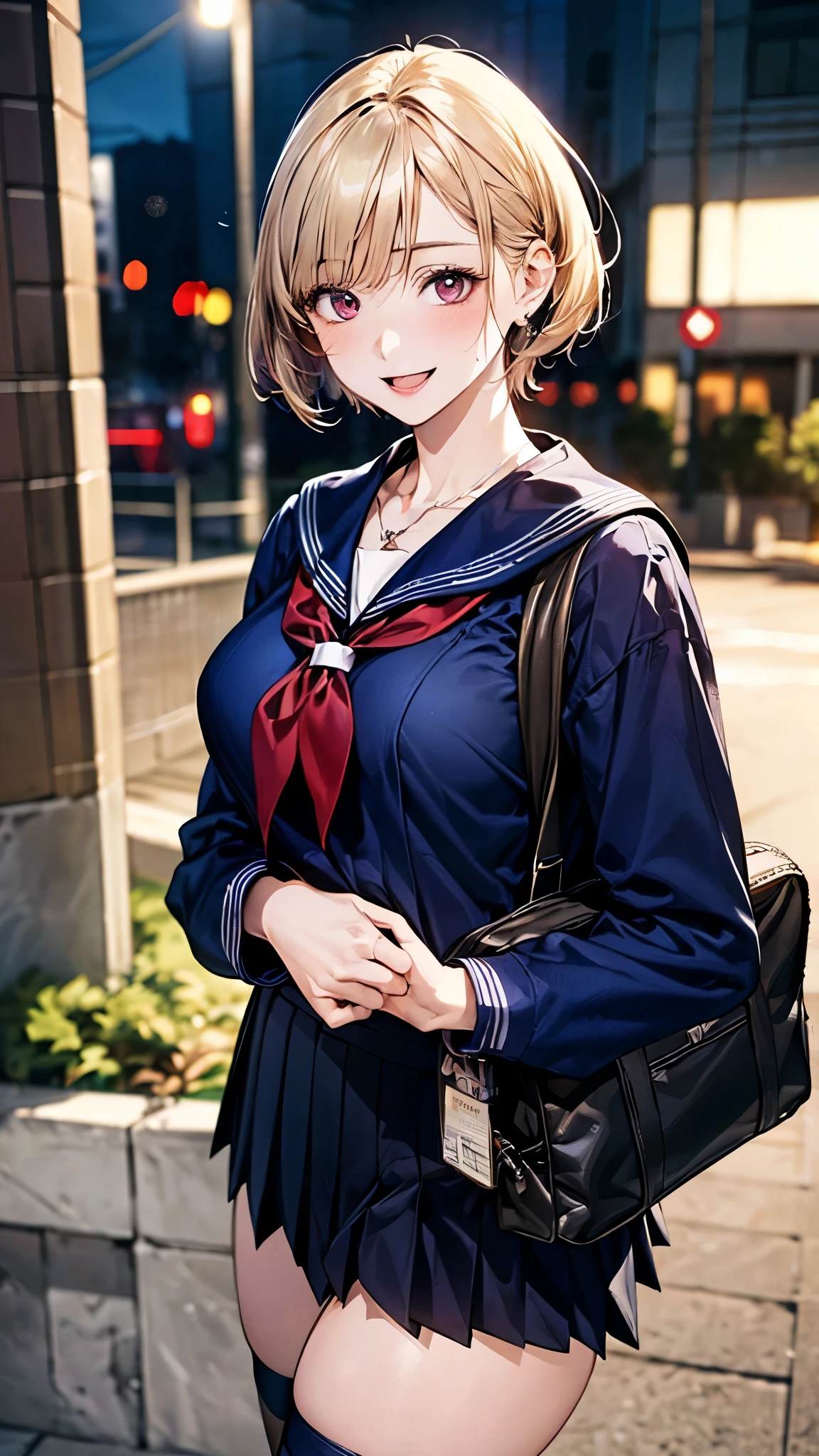 (masterpiece:1.2, top-quality), (realistic, photorealistic:1.4), beautiful illustration, (natural side lighting, movie lighting), nsfw,
looking at viewer, cowboy shot, front view:0.6, 1 girl, japanese, high school girl, perfect face, cute and symmetrical face, shiny skin,
(short hair:1.5, pixie cut:1.4, blond hair), bangs pinned back, red eyes, long eye lasher, (large breasts:0.6, seductive thighs),
beautiful hair, beautiful face, beautiful detailed eyes, beautiful clavicle, beautiful body, beautiful chest, beautiful thigh, beautiful legs, beautiful fingers,
(((long sleeves), all navy sailor suit, navy pleated skirt, navy sailor collar, red sailor scarf, thigh-highs), school bag, cross necklace),
(beautiful scenery), summer, evening, (cityscape), walking, (lovely smile, upper eyes, open mouth),