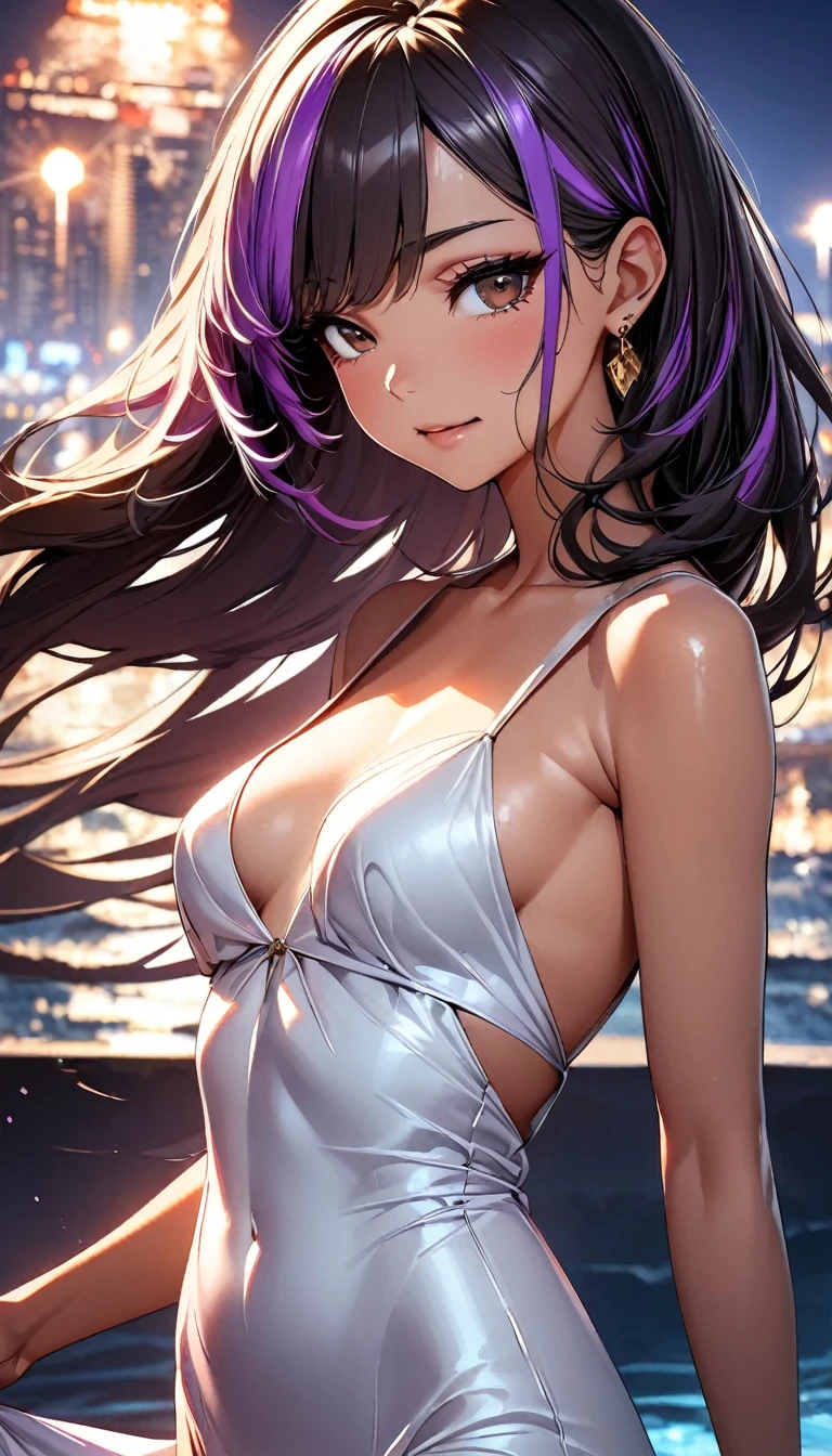 (highest quality:1.2, Very detailed, up to date, Vibrant, Ultra-high resolution, High Contrast, masterpiece:1.2, highest quality, Best aesthetics), Portraiture、girl、((25-years-old:1)), (evening dress), backless, no sleeve, Bright colors、Beautiful fine details、Beautiful lip detail, long hair、black and purple ((streaked hair:1.6)), highlights hair: 1.5, brown eyes, gold earrings, ((slim body:1.4)), (small breast:0.7), (dark skin:0.5), on the beach, night city ​​in the background, (cowboy shot:1.5),