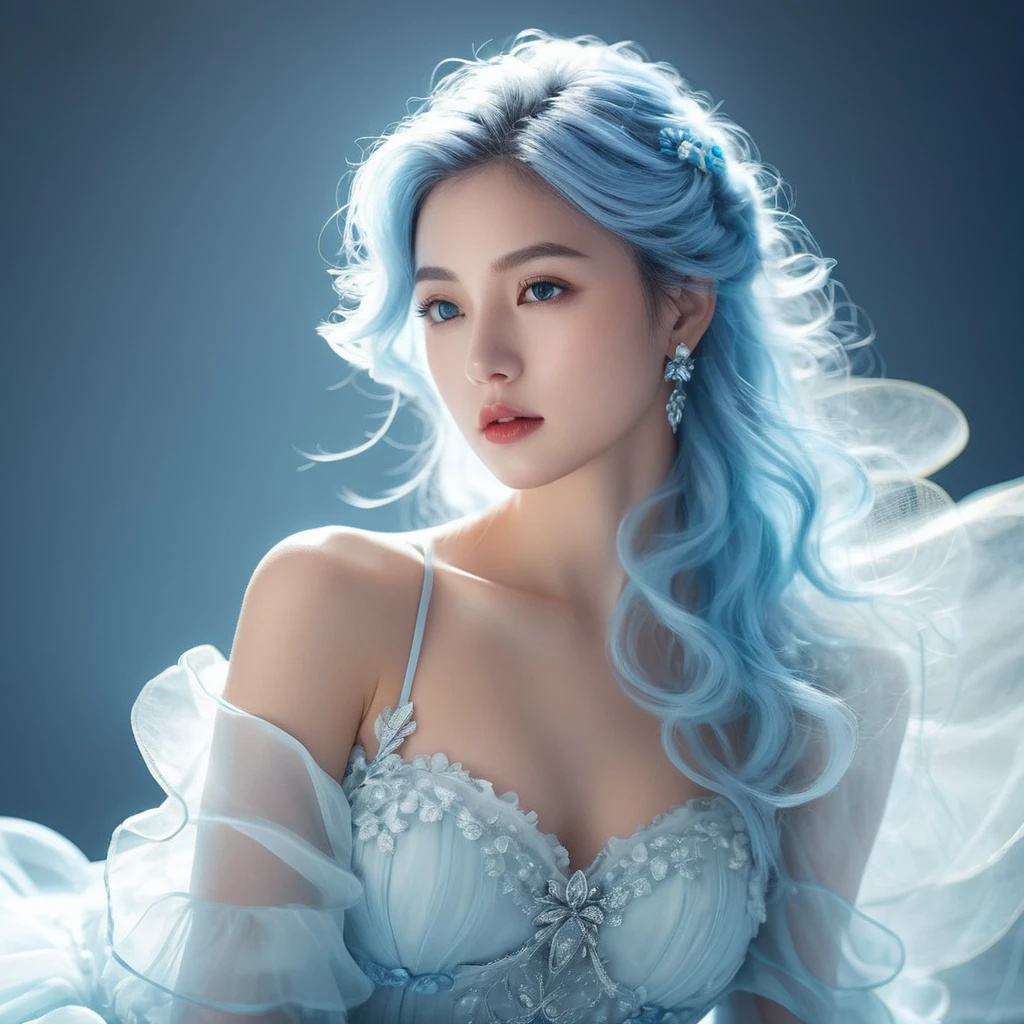 ((jewel_light element)), (Translucent luminous body_wearing a white frilly dress for bridesmaids:1.3), (girl made of lightblue light: 1.2, Long wavy blue hairstyle with delicate features and light:1.3), (minimalism: 0.5), (Frontal close-up angle above the waist: 1.3), 4K, HDR, acid graphics, fantasy work, [Detailed and vivid faces: 0.33], (White translucent glowing body and blue hair: 1.3), Silhouette outline and glowing beautiful woman, Understated elegance is revealed.. A calm and dignified atmosphere provides a subtle sense of luxury... gray smooth texture, stylish pose, fluorescent, glowing tattoo, bioluminescent tattoo, glowing pattern.