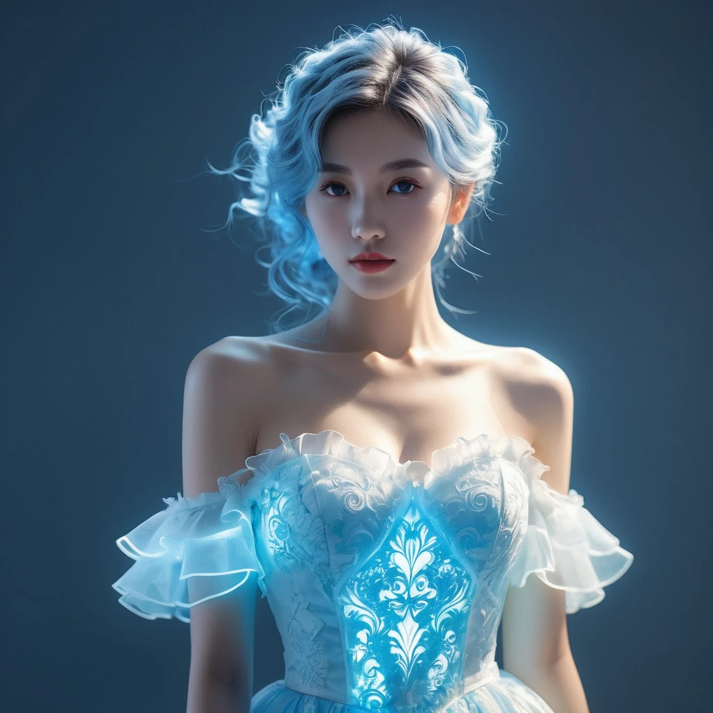 ((jewel_light element)), (Translucent luminous body_wearing a white frilly dress for bridesmaids:1.3), (girl made of lightblue light: 1.2, Long wavy blue hairstyle with delicate features and light:1.3), (minimalism: 0.5), (Frontal close-up angle above the waist: 1.3), 4K, HDR, acid graphics, fantasy work, [Detailed and vivid faces: 0.33], (White translucent glowing body and blue hair: 1.3), Silhouette outline and glowing beautiful woman, Understated elegance is revealed.. A calm and dignified atmosphere provides a subtle sense of luxury... gray smooth texture, stylish pose, fluorescent, glowing tattoo, bioluminescent tattoo, glowing pattern.