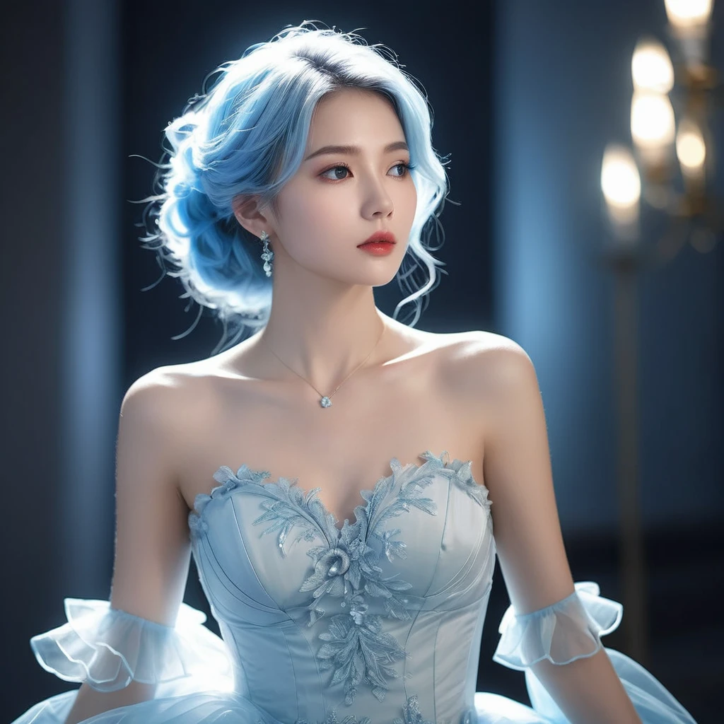 ((jewel_light element)), (Translucent luminous body_wearing a white frilly dress for bridesmaids:1.3), (girl made of lightblue light: 1.2, Long wavy blue hairstyle with delicate features and light:1.3), (minimalism: 0.5), (Frontal close-up angle above the waist: 1.3), 4K, HDR, acid graphics, fantasy work, [Detailed and vivid faces: 0.33], (White translucent glowing body and blue hair: 1.3), Silhouette outline and glowing beautiful woman, Understated elegance is revealed.. A calm and dignified atmosphere provides a subtle sense of luxury... gray smooth texture, stylish pose, fluorescent, glowing tattoo, bioluminescent tattoo, glowing pattern.