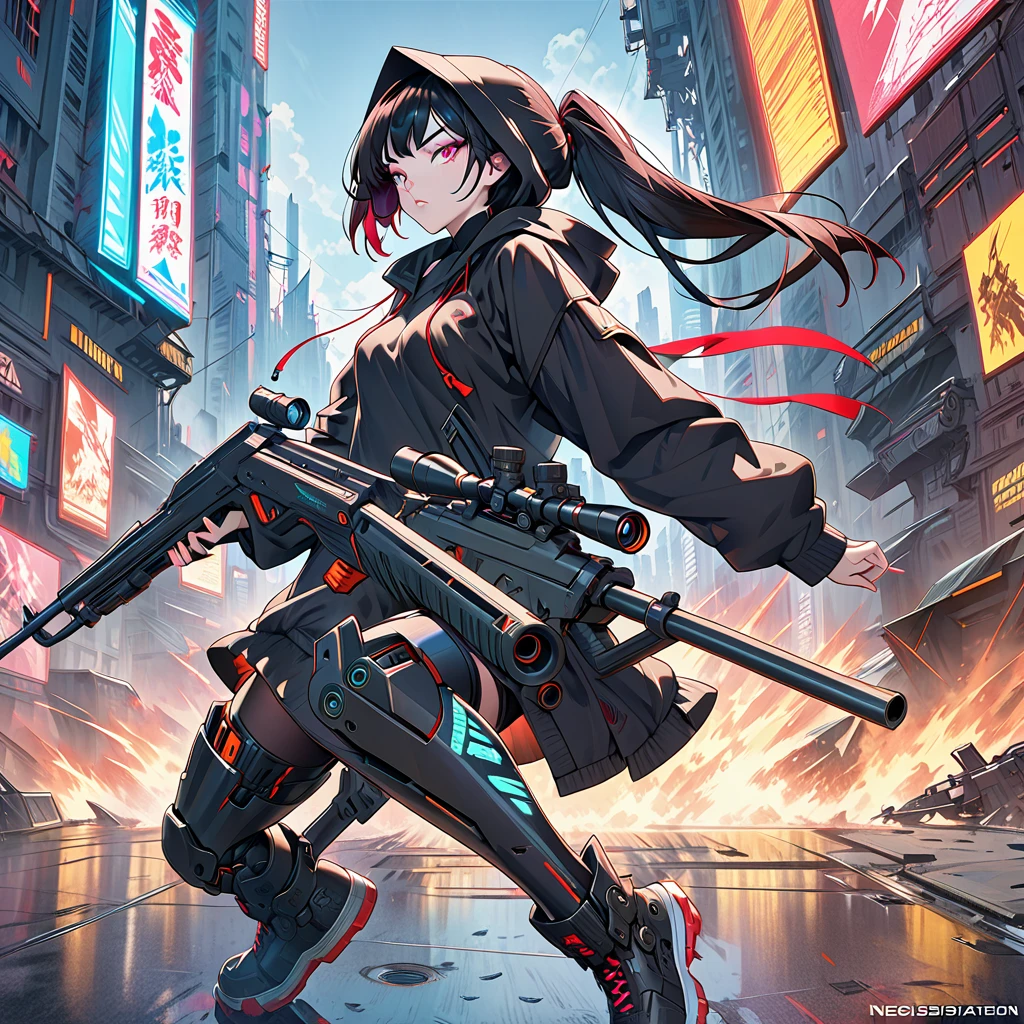 a close up of a person with a gun and a hood on, cyberpunk art, trending on Artstation, neoism, cyberpunk assassin, cyberpunk anime girl in hoodie, female assassin, mechanized soldier girl, cyberpunk anime girl mech, of a sniper girl in war, anime cyberpunk art, cyberpunk character design, full body shot, shooting stance