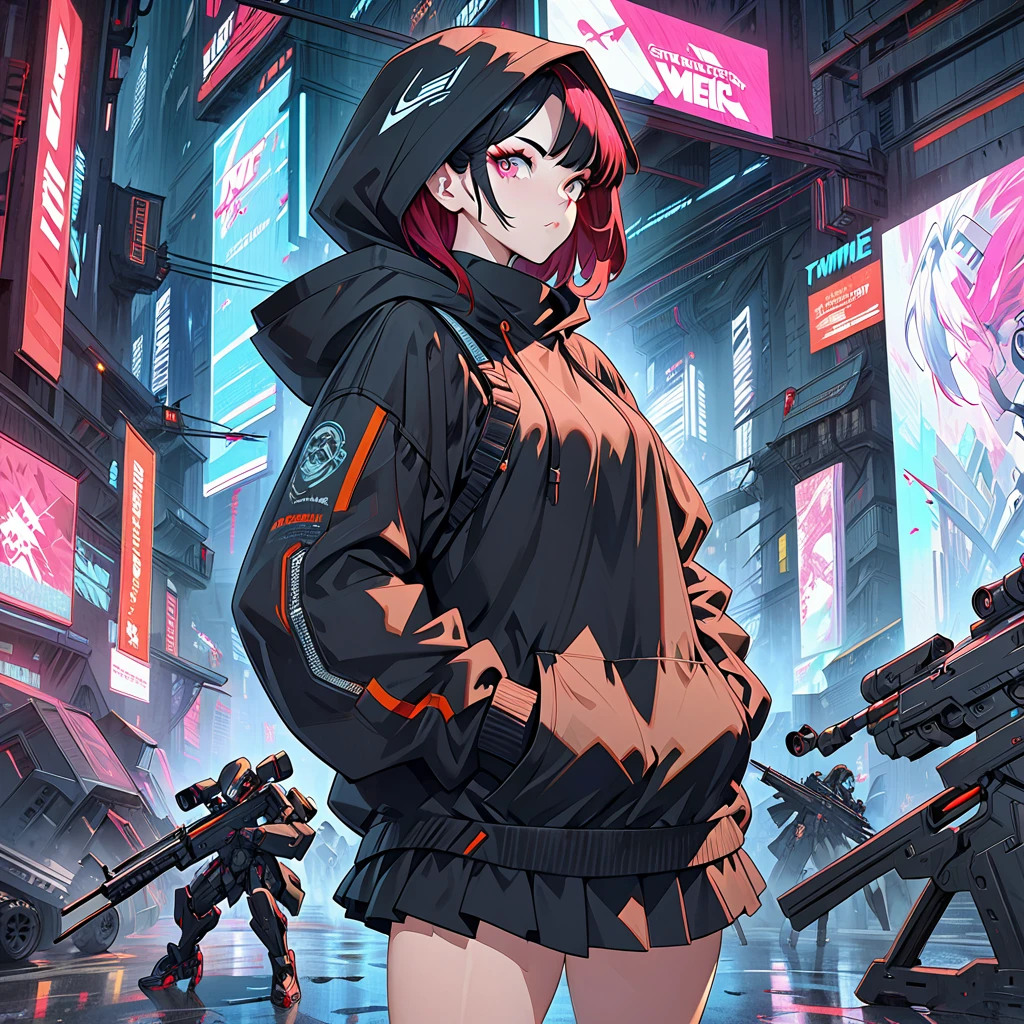 a close up of a person with a gun and a hood on, cyberpunk art, trending on Artstation, neoism, cyberpunk assassin, cyberpunk anime girl in hoodie, female assassin, mechanized soldier girl, cyberpunk anime girl mech, of a sniper girl in war, anime cyberpunk art, cyberpunk character design, full body shot, shooting stance