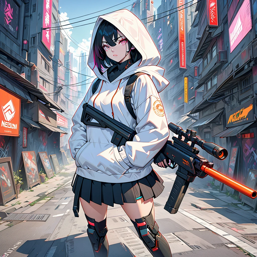 a close up of a person with a gun and a hood on, cyberpunk art, trending on Artstation, neoism, cyberpunk assassin, cyberpunk anime girl in hoodie, female assassin, mechanized soldier girl, cyberpunk anime girl mech, of a sniper girl in war, anime cyberpunk art, cyberpunk character design, full body shot, shooting stance