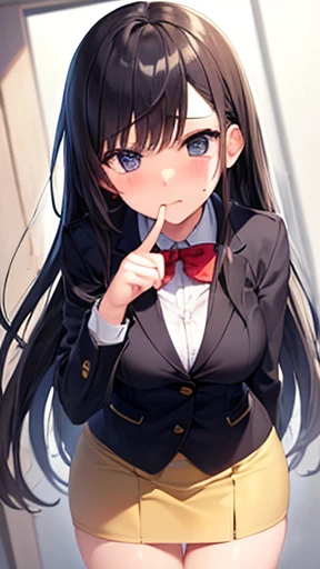 One Girl, ray1, alone, Emoji, Beautiful anime outline, Anime Pose, , Long sleeve, Check skirt, polka_DOT Jacket, Leaning forward, Point to your audience, cry, Sad expression, 6 different expressions, Emojiパック, Cowboy Shot, masterpiece, Highest quality, High resolution 、Large Breasts、Long black hair