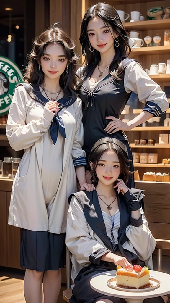 (((((Sailor suit schoolgirl)))))、
(((((Two Women)))))
8k、RAW Photos、Highest quality、Super detailed、Super Resolution、Ultra HD、8k wallpaper、Amazing details
((((Inside the Starbucks store))))
(((Eat cake、Drink coffee、smile、Heart Necklace)))((Emphasize cleavage))
(Full body photo)